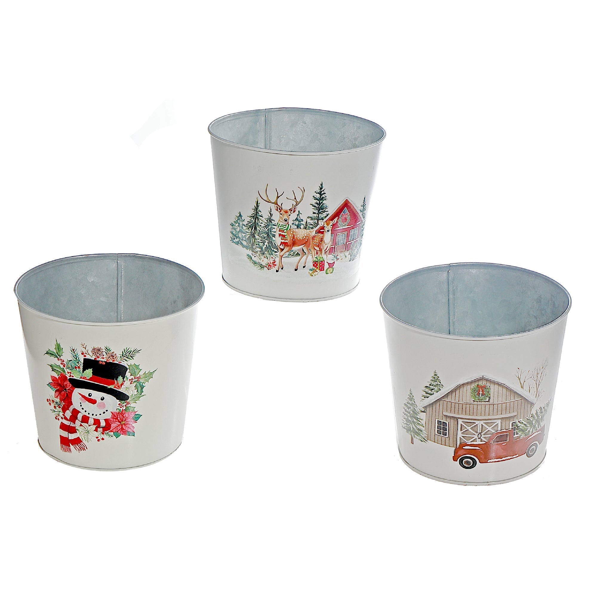 6" Round Planter Set of 3 Red Truck, Snowman, Reindeer – Christmas Tabletop Planters, Holiday Home Accent, Festive Winter Decor