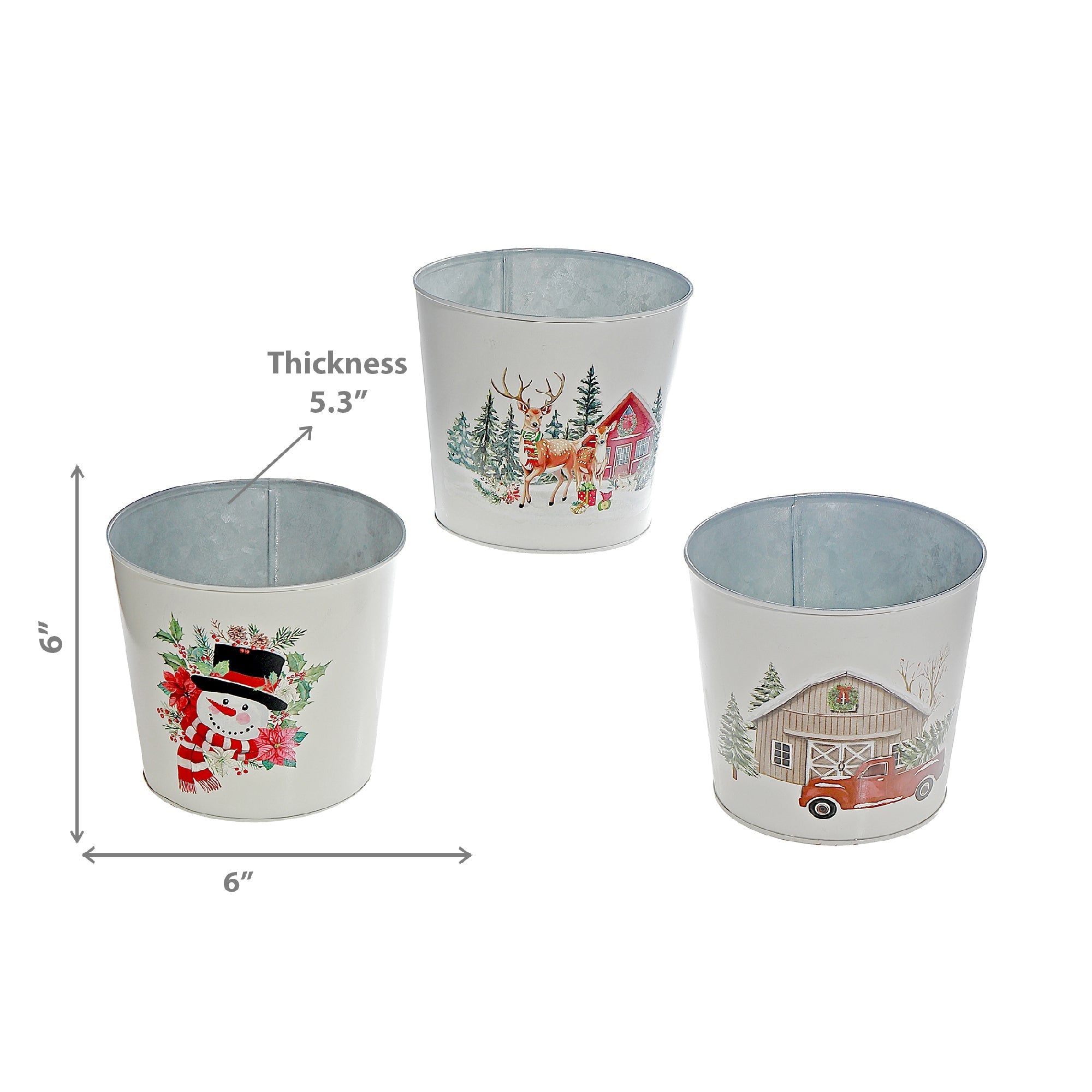 6" Round Planter Set of 3 Red Truck, Snowman, Reindeer – Christmas Tabletop Planters, Holiday Home Accent, Festive Winter Decor