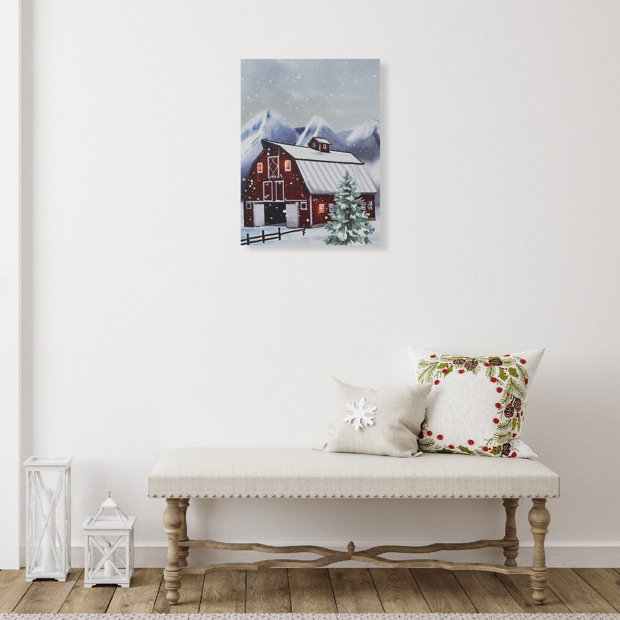 LED Canvas Wall Art Winter Barn – Christmas Wall Decoration, Holiday Canvas, Rustic Winter Artwork, Illuminated Seasonal Decor