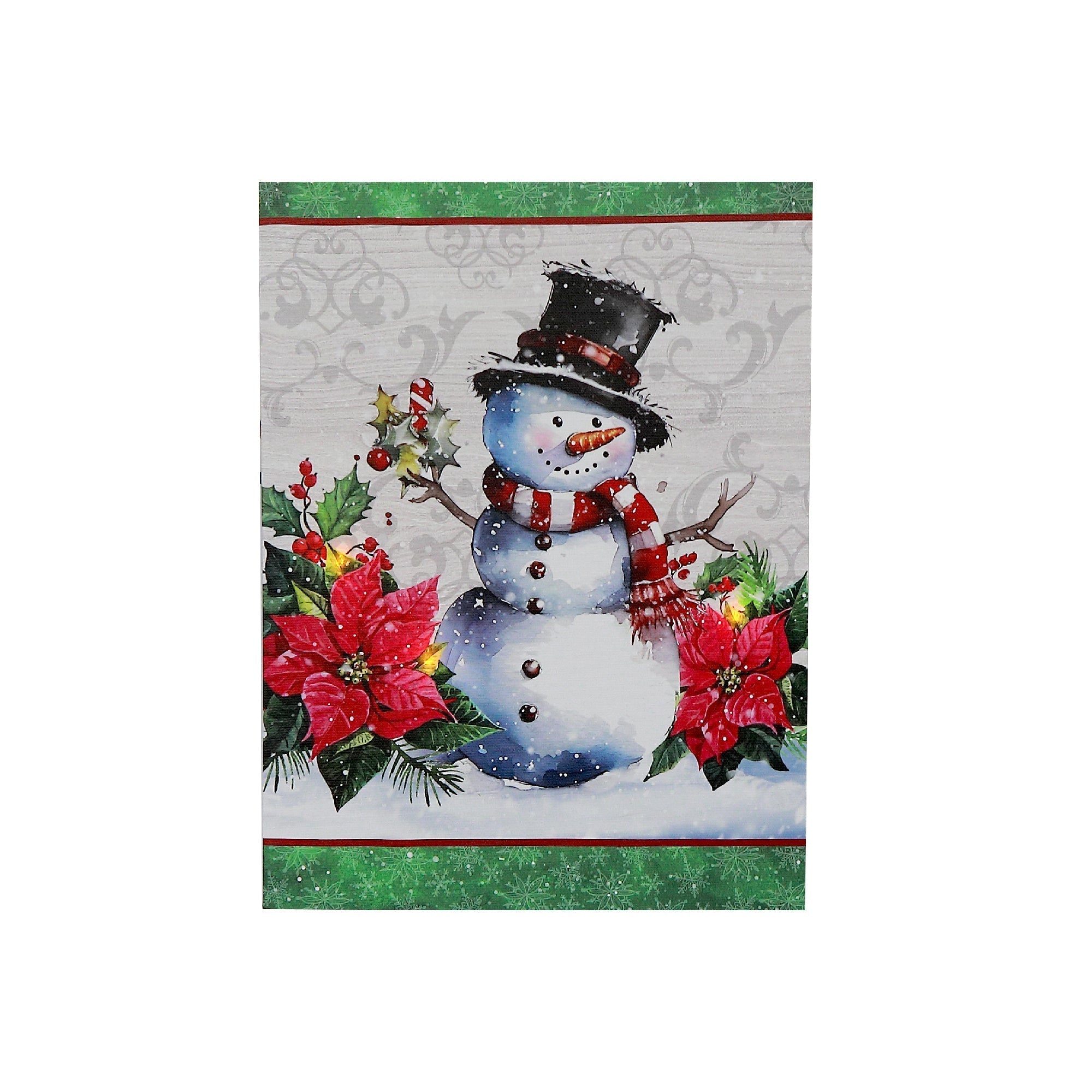 LED Canvas Wall Art Snowman with Poinsettia – Christmas Wall Decor, Holiday Canvas Artwork, Winter Decor, Illuminated Seasonal Artwork