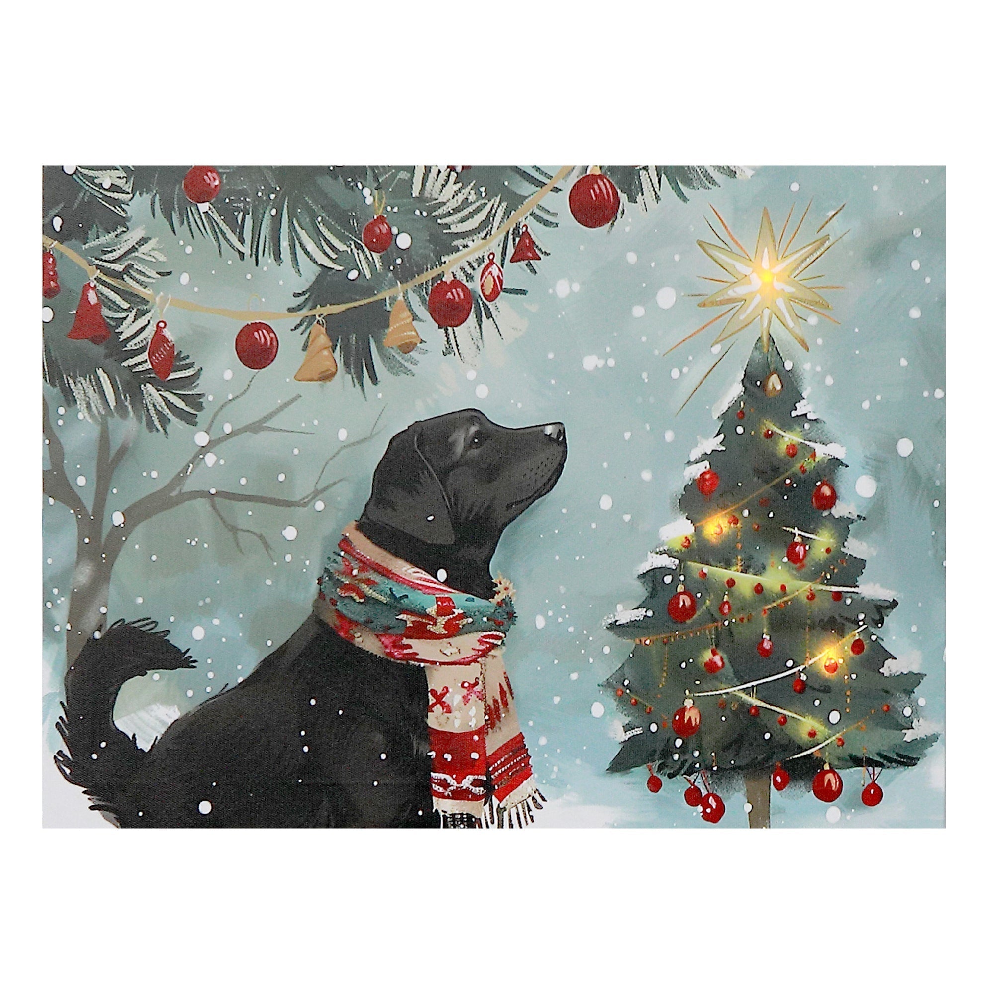 LED Canvas Wall Art Dog Looking at Christmas Tree – Holiday Wall Decor, Christmas Pet Artwork, Illuminated Winter Canvas, Festive Home Decoration