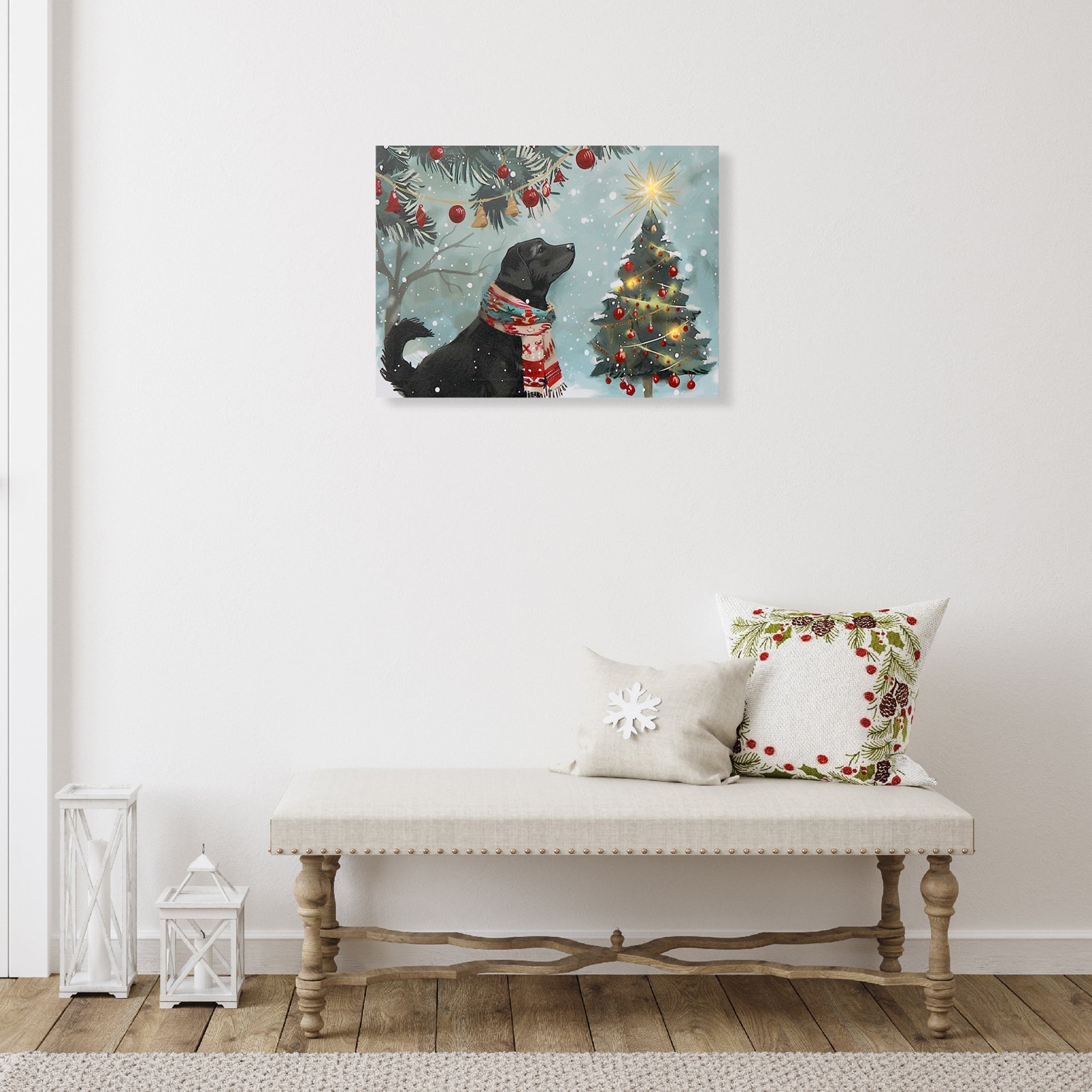 LED Canvas Wall Art Dog Looking at Christmas Tree – Holiday Wall Decor, Christmas Pet Artwork, Illuminated Winter Canvas, Festive Home Decoration