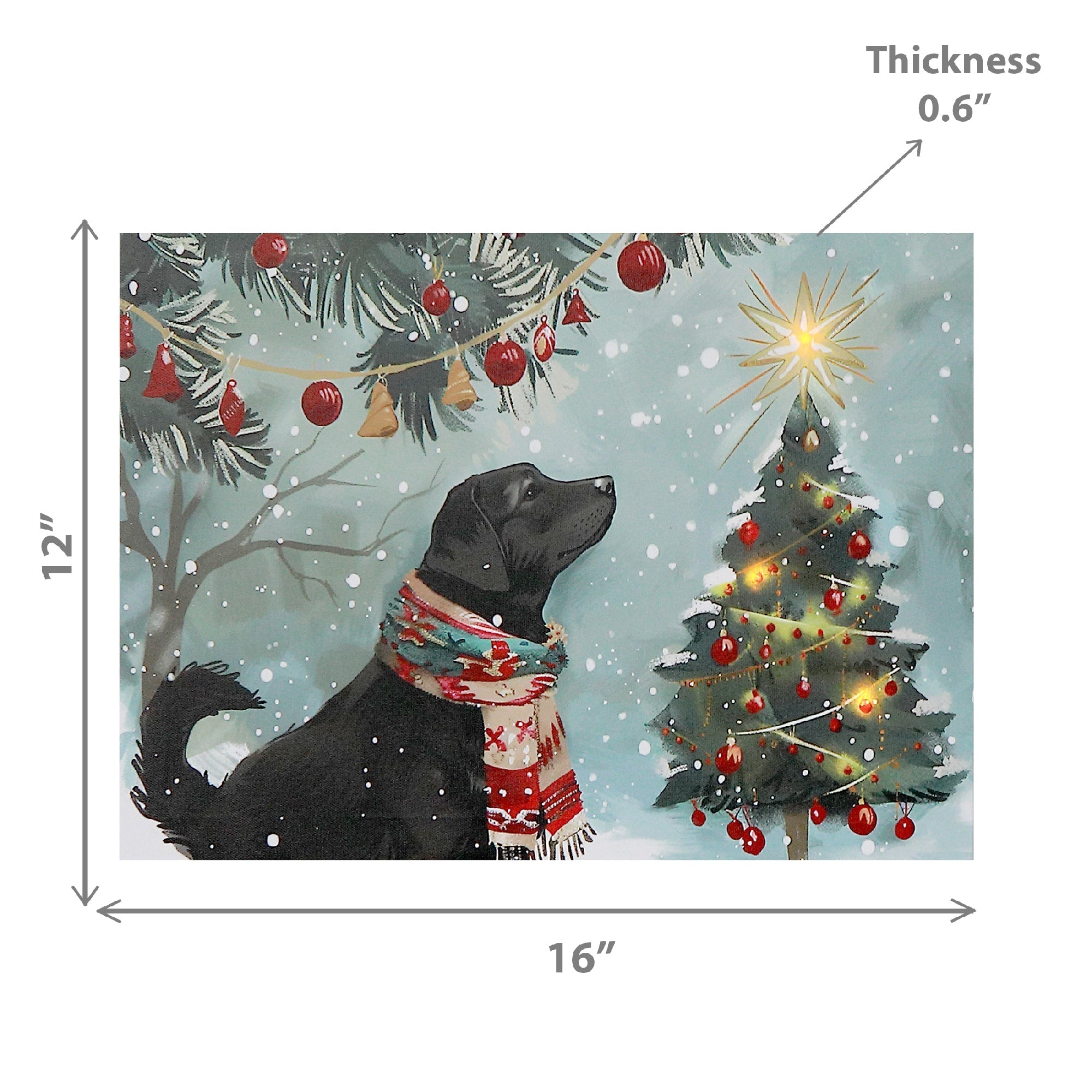LED Canvas Wall Art Dog Looking at Christmas Tree – Holiday Wall Decor, Christmas Pet Artwork, Illuminated Winter Canvas, Festive Home Decoration