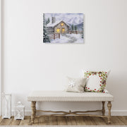 LED Canvas Wall Art Winter Cabin with Chimney – Holiday Wall Decor, Illuminated Christmas Canvas, Winter Landscape Artwork, Festive Home Decoration