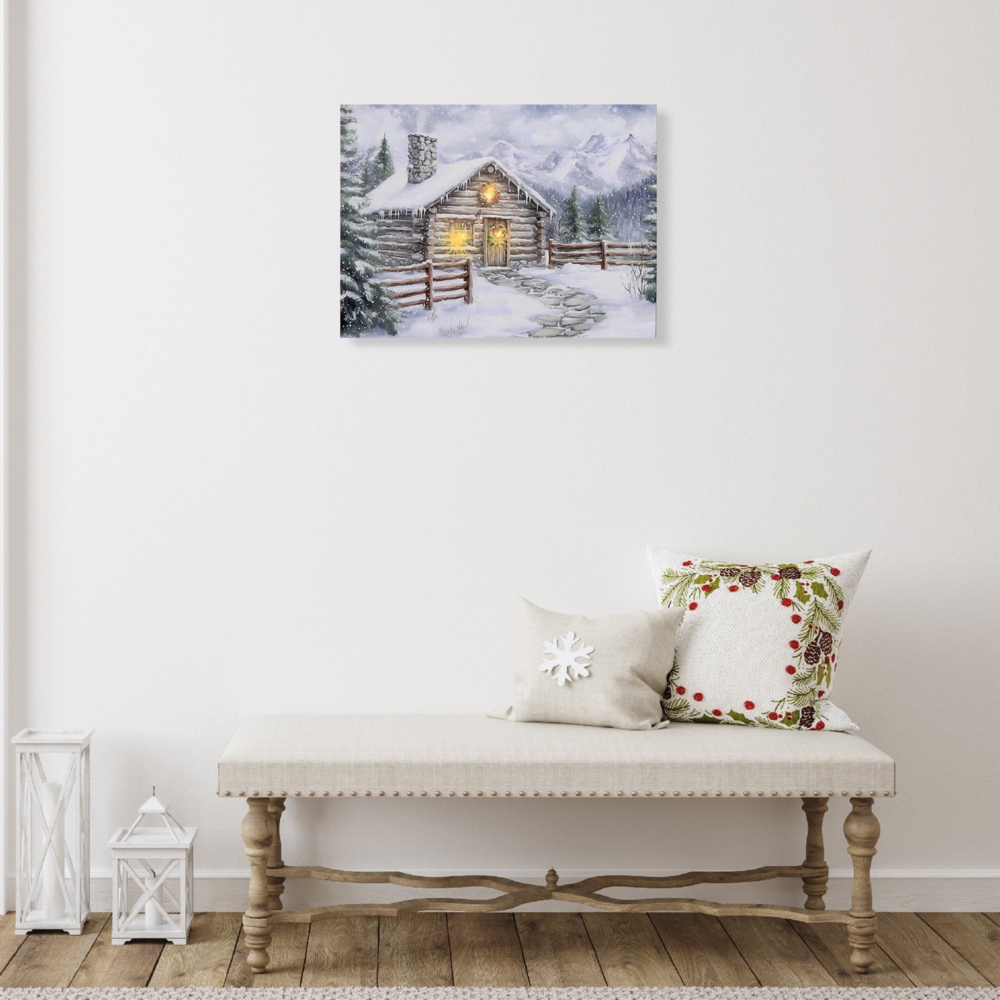 LED Canvas Wall Art Winter Cabin with Chimney – Holiday Wall Decor, Illuminated Christmas Canvas, Winter Landscape Artwork, Festive Home Decoration