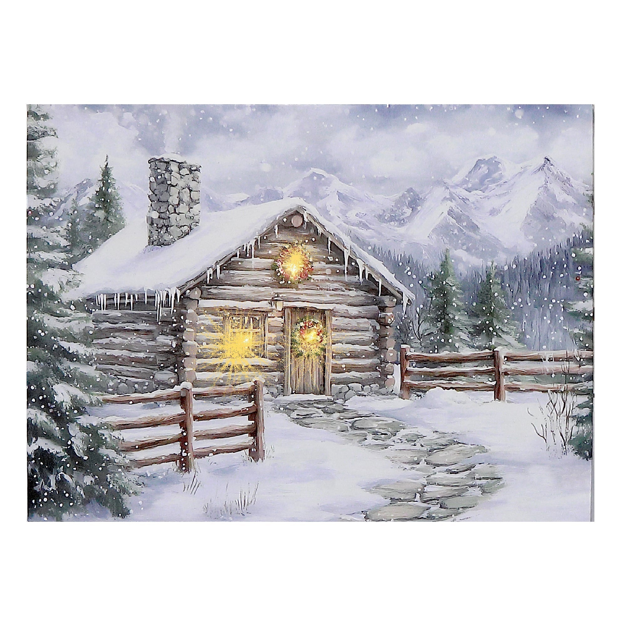 LED Canvas Wall Art Winter Cabin with Chimney – Holiday Wall Decor, Illuminated Christmas Canvas, Winter Landscape Artwork, Festive Home Decoration