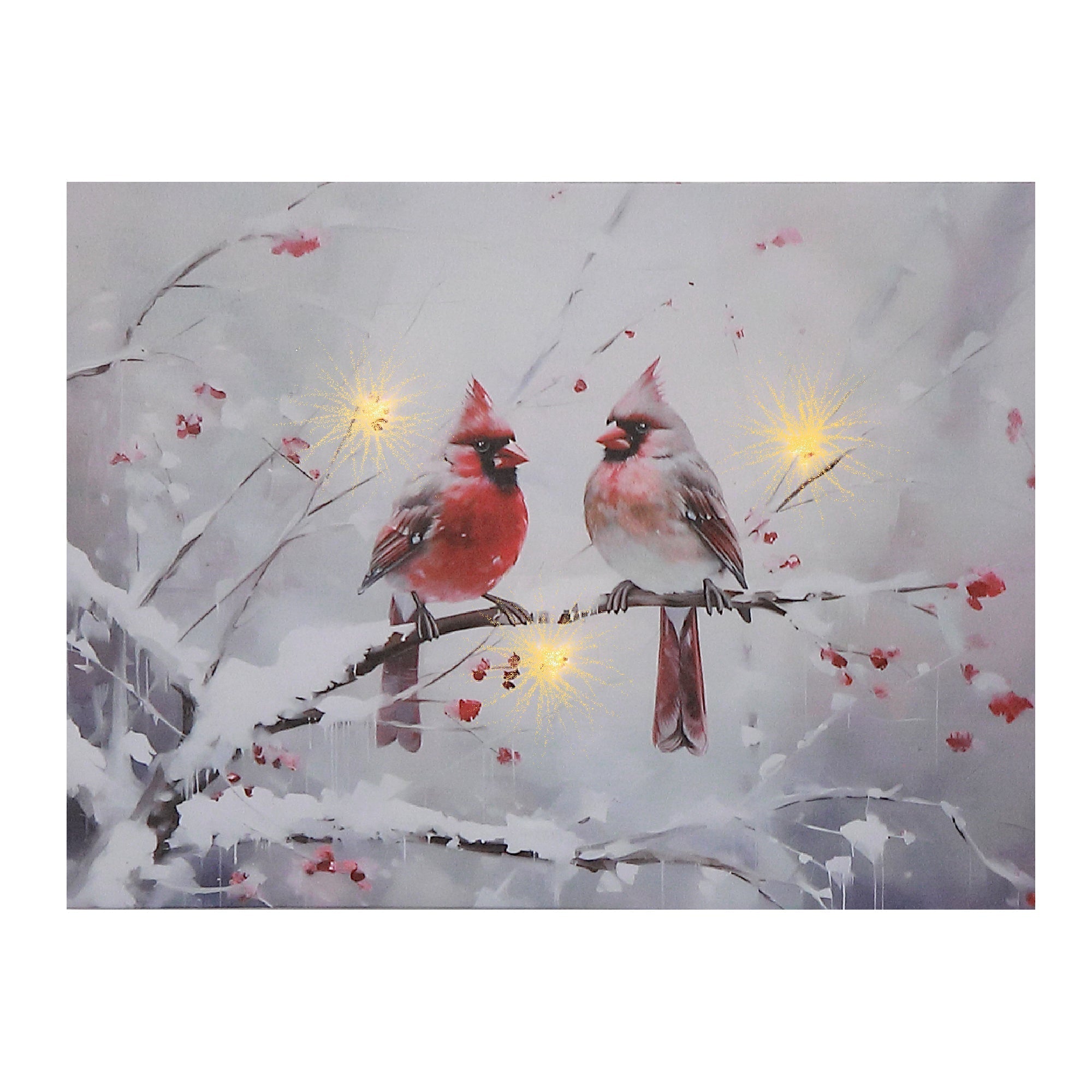 LED Canvas Wall Art Two Cardinals in Winter – Christmas Decor, Holiday Wall Hanging, Winter Birds Artwork, Illuminated Canvas, Festive Home Decor