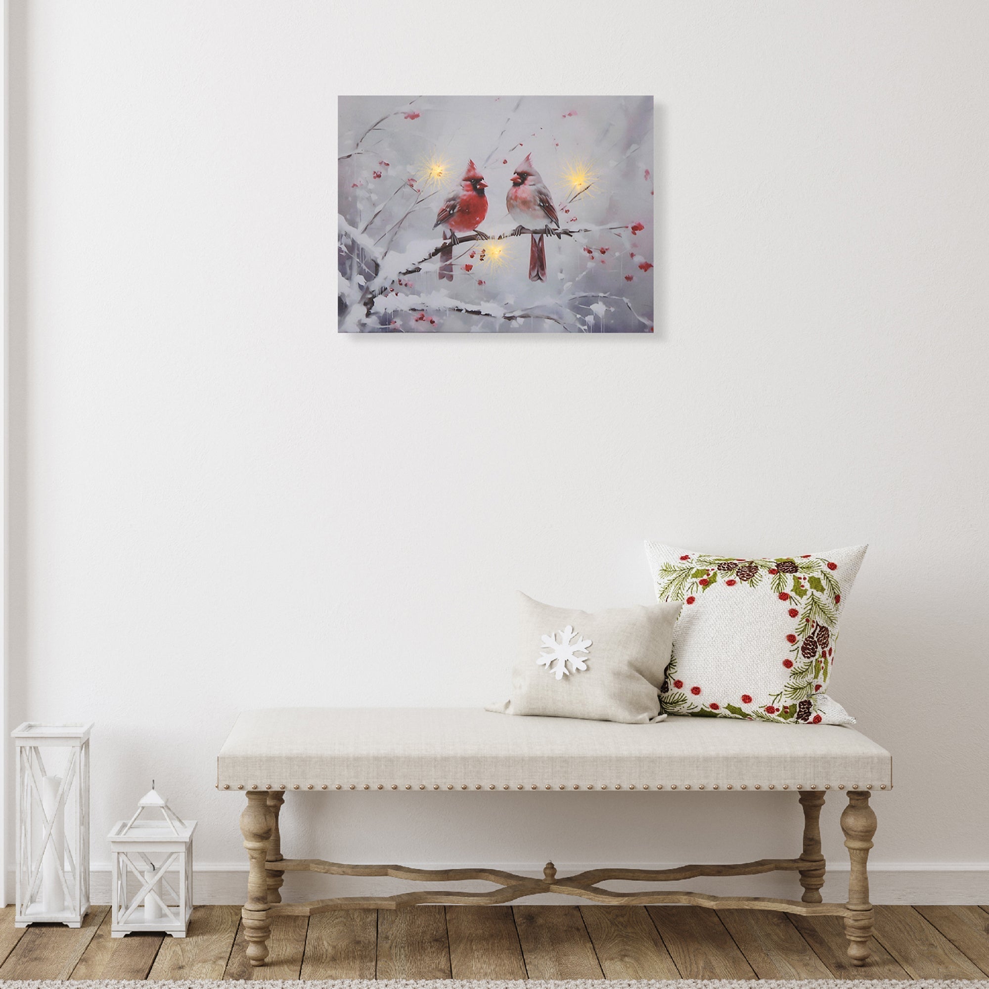 LED Canvas Wall Art Two Cardinals in Winter – Christmas Decor, Holiday Wall Hanging, Winter Birds Artwork, Illuminated Canvas, Festive Home Decor