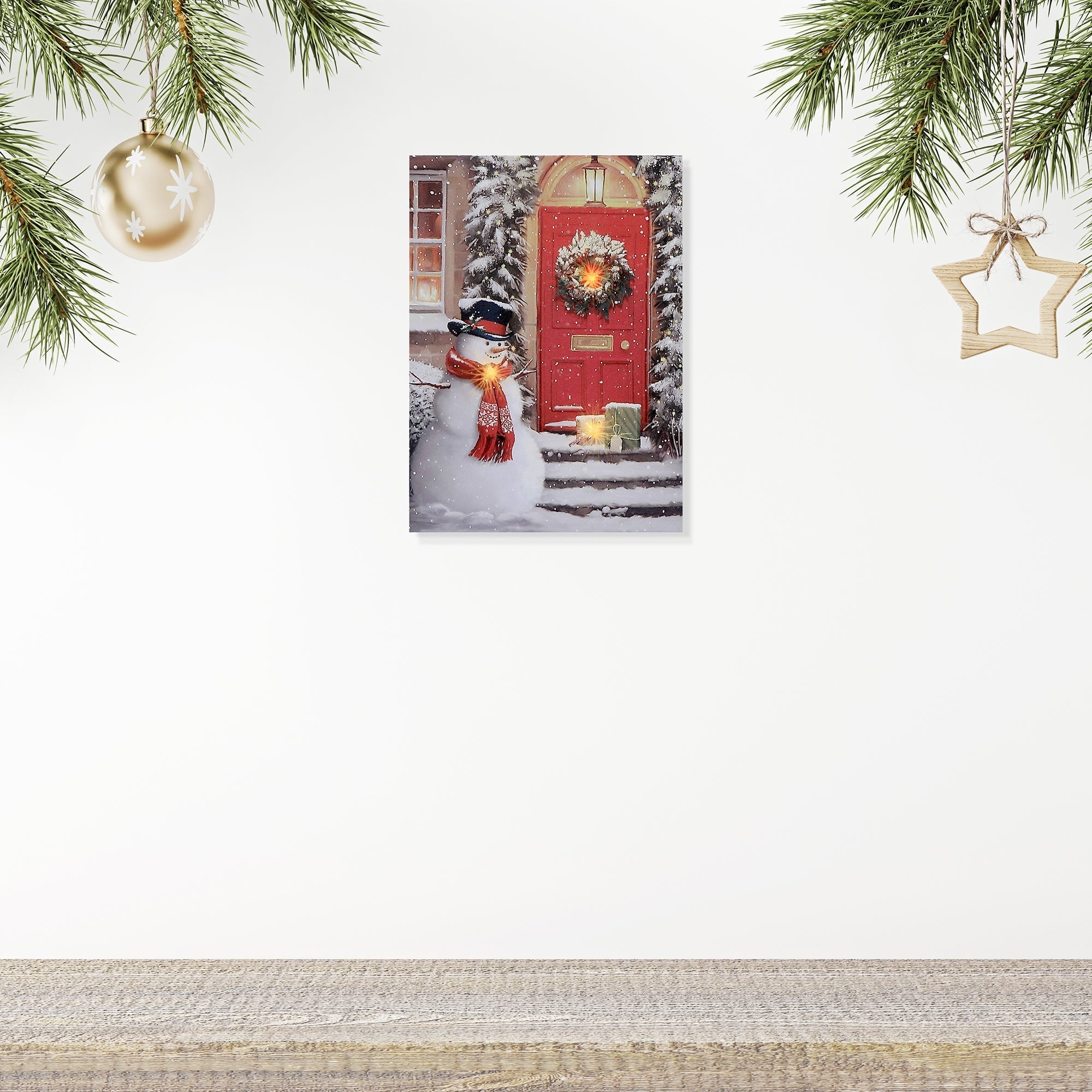 LED Canvas Wall Art Snowman with Red Scarf at Front Door, Holiday Wall Decoration, Christmas Lighted Canvas