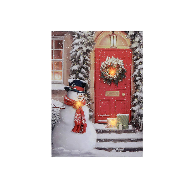 Led Canvas Wall Art (Snowman Red Scarf At Front Door)