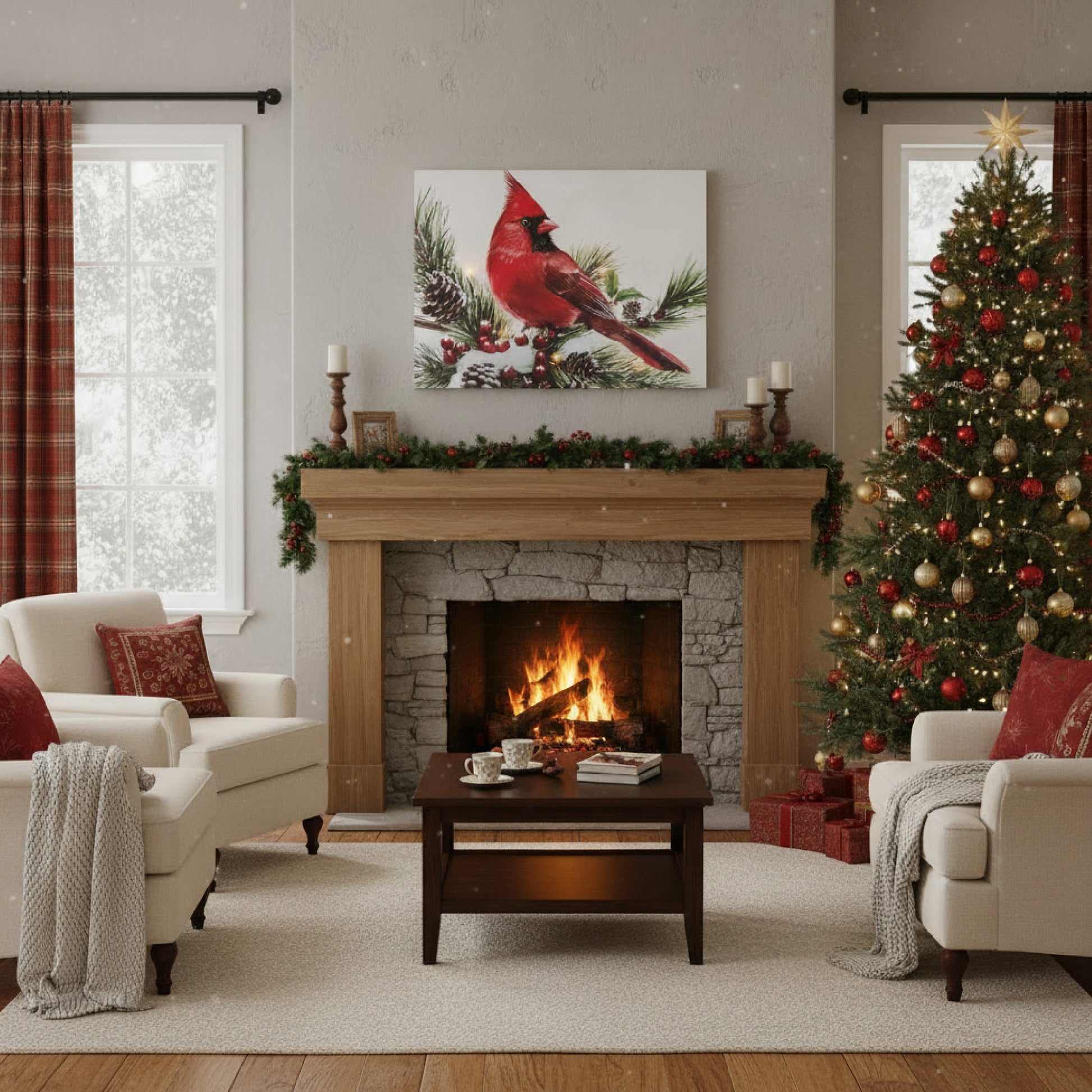 LED Canvas Wall Art Cardinal on Branch, Christmas, Wall Decor, Holiday Decor