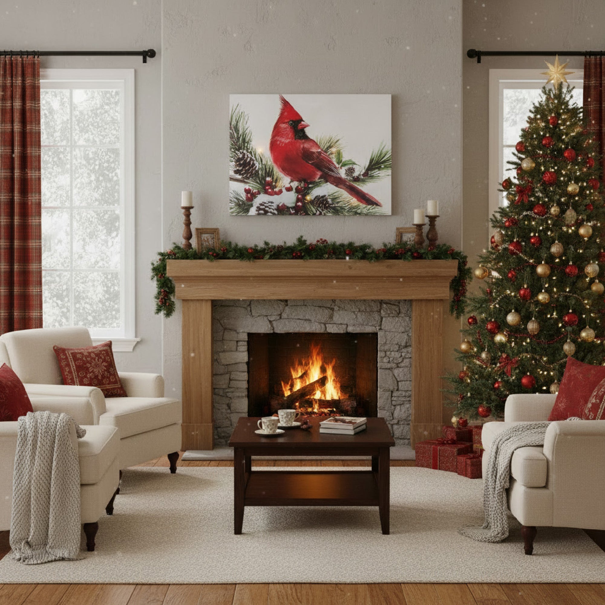 LED Canvas Wall Art Cardinal on Branch, Christmas, Wall Decor, Holiday Decor