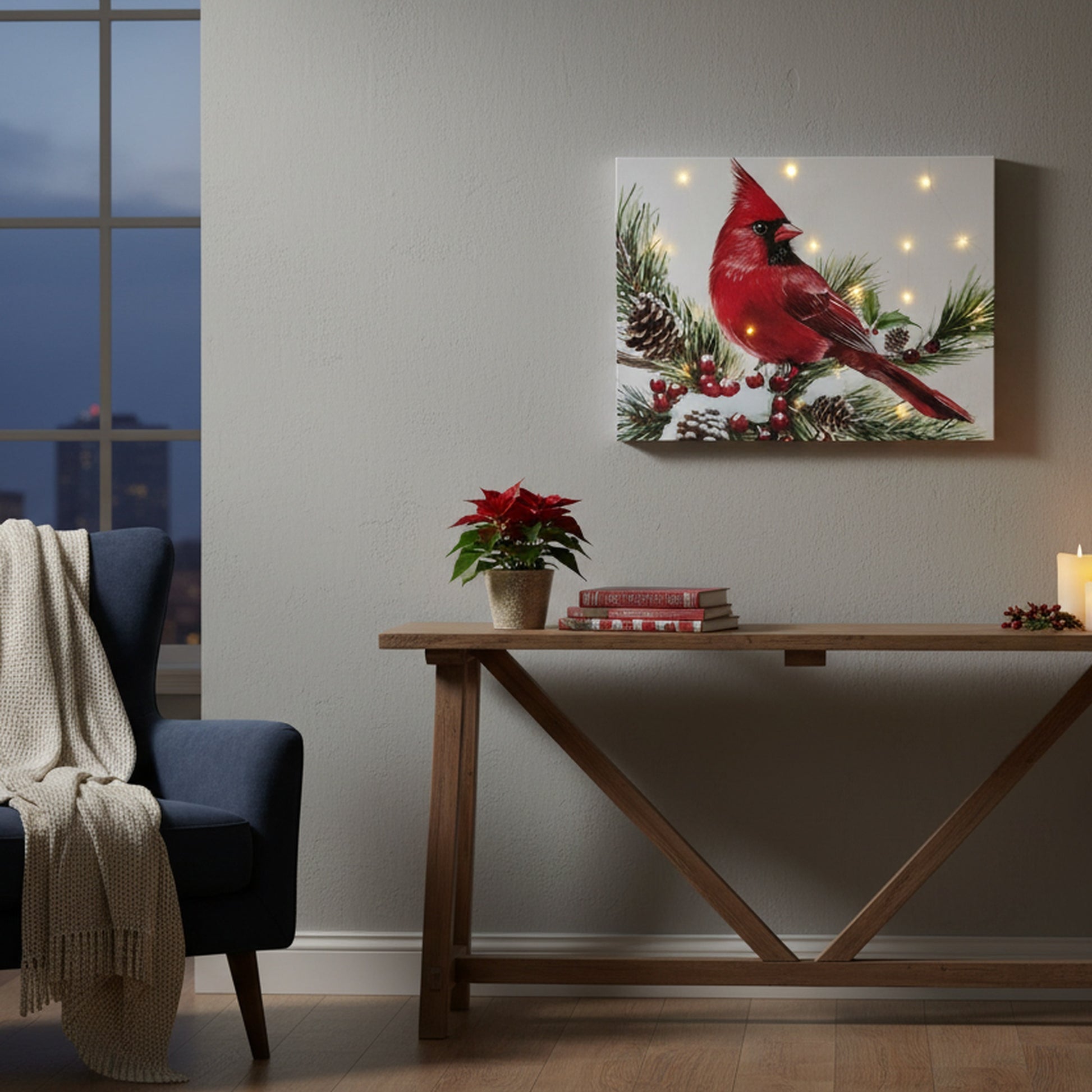 LED Canvas Wall Art Cardinal on Branch, Christmas, Wall Decor, Holiday Decor