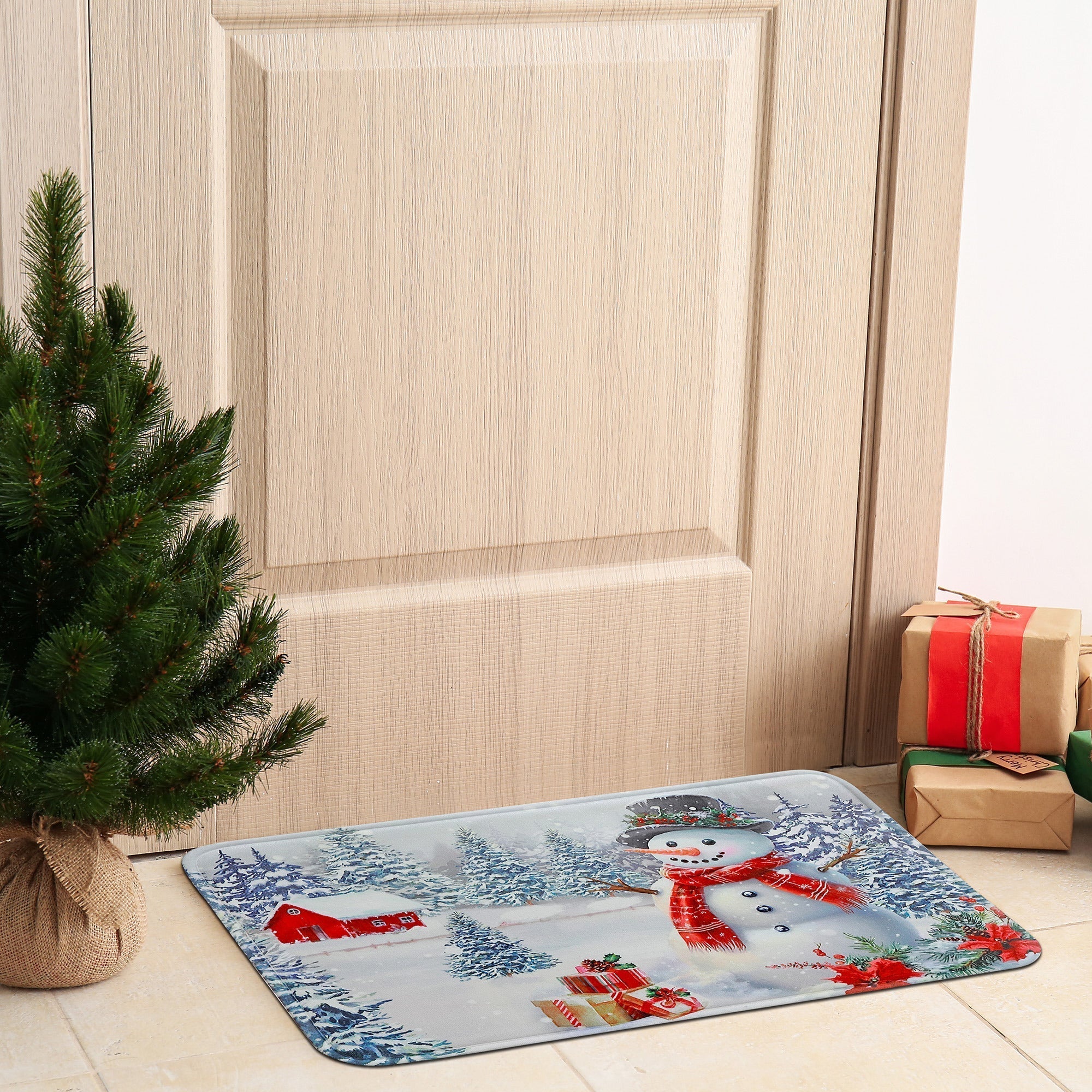 Memory Foam Digital Print Mat Snowman in Forest – Holiday Floor Mat, Christmas Home Décor, Winter Welcome Mat
