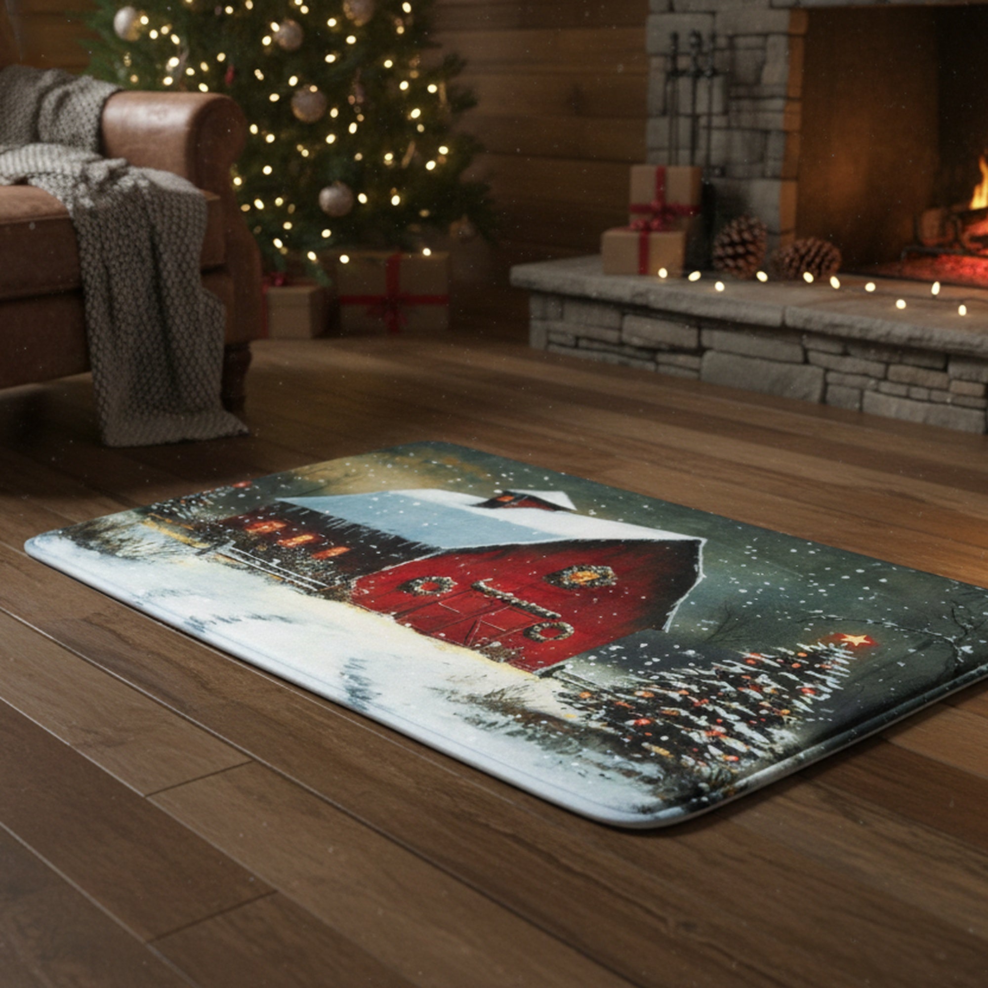 Memory Foam Digital Print Mat Red Barn, Holiday Decor