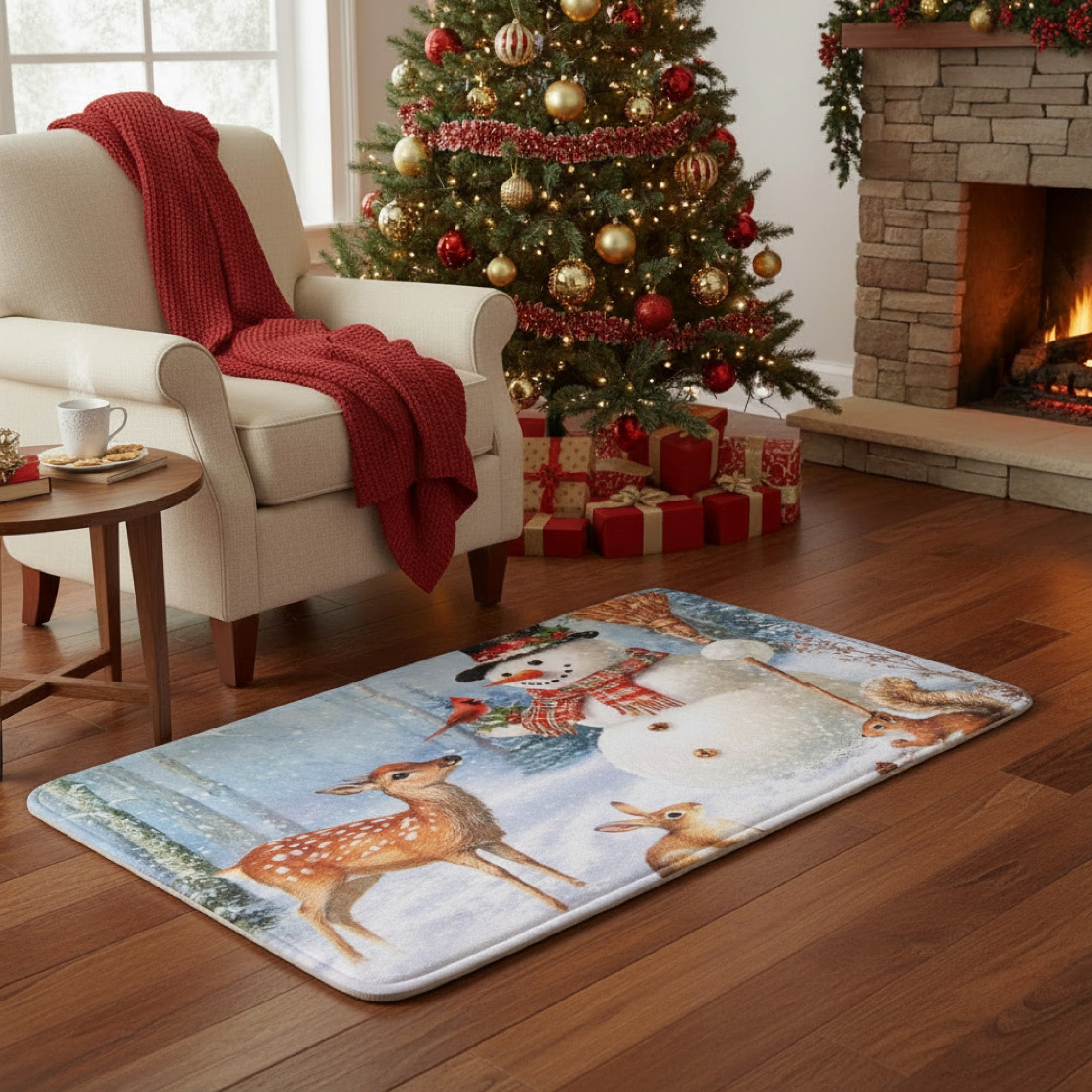 Memory Foam Digital Print Mat Snowman and Forest Animals, Christmas, Holiday Decor