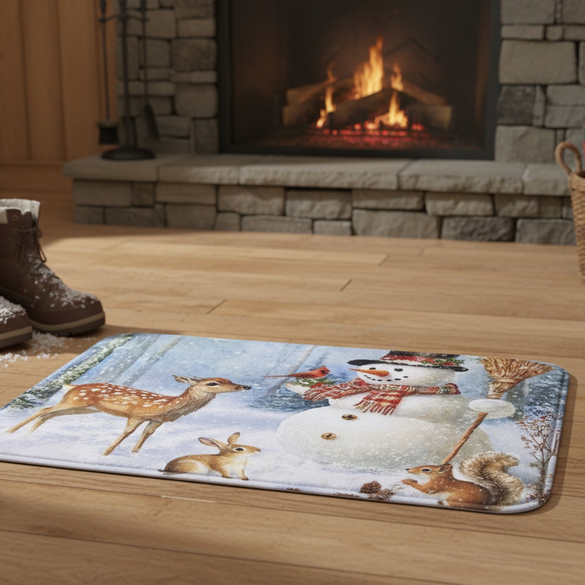 Memory Foam Digital Print Mat Snowman and Forest Animals, Christmas, Holiday Decor