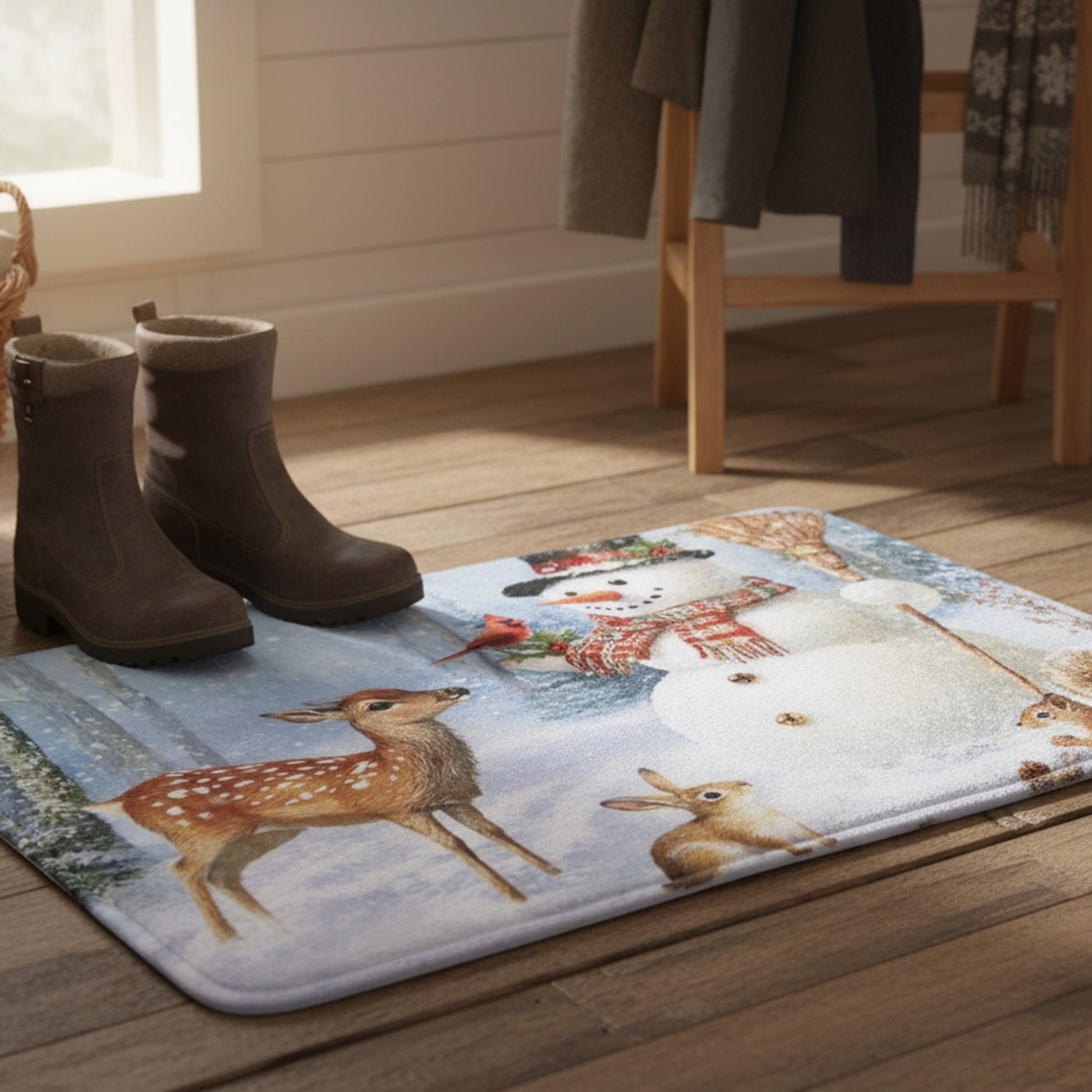 Memory Foam Digital Print Mat Snowman and Forest Animals, Christmas, Holiday Decor