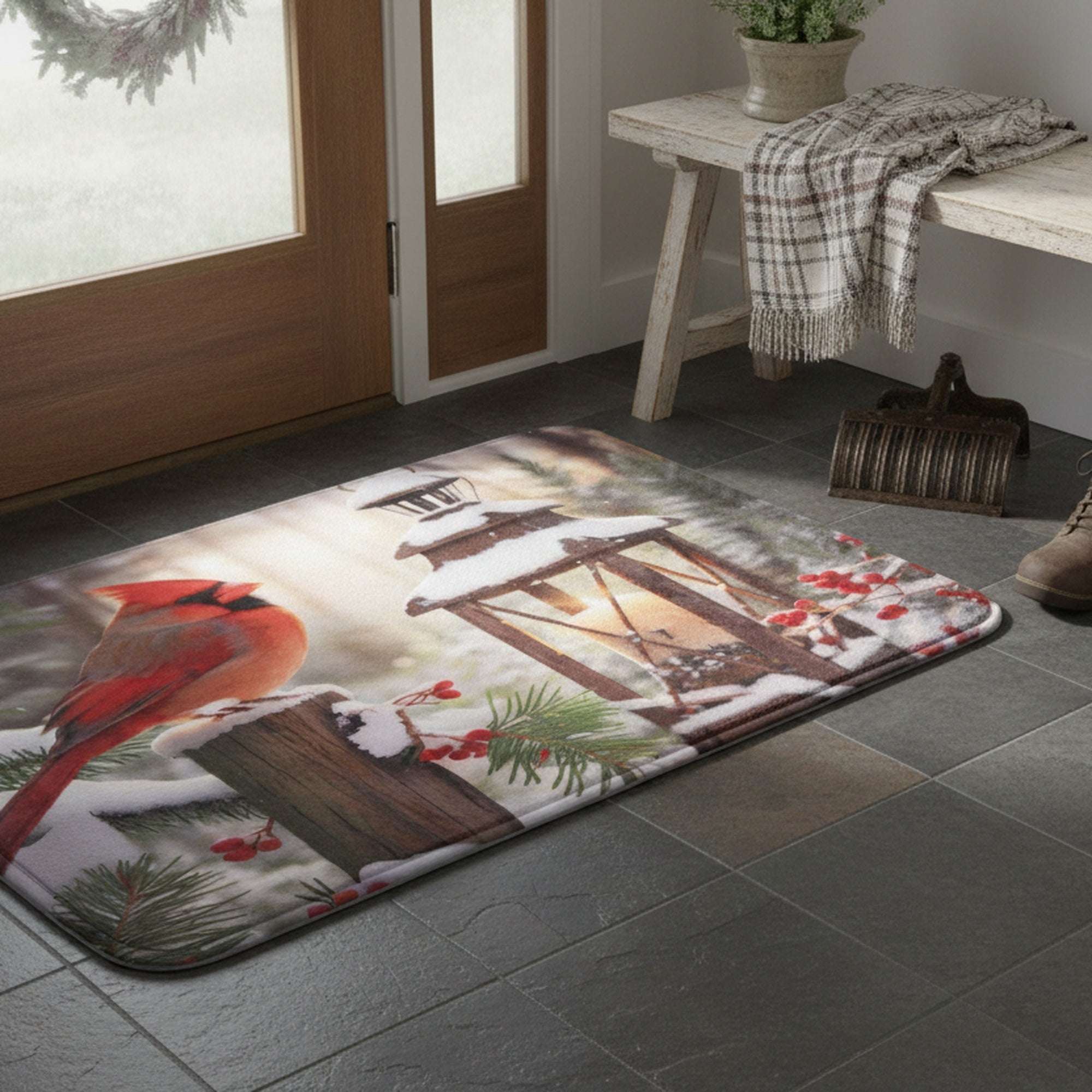 Memory Foam Digital Print Mat Cardinal with Lantern, Christmas, Lantern, Holiday Decor