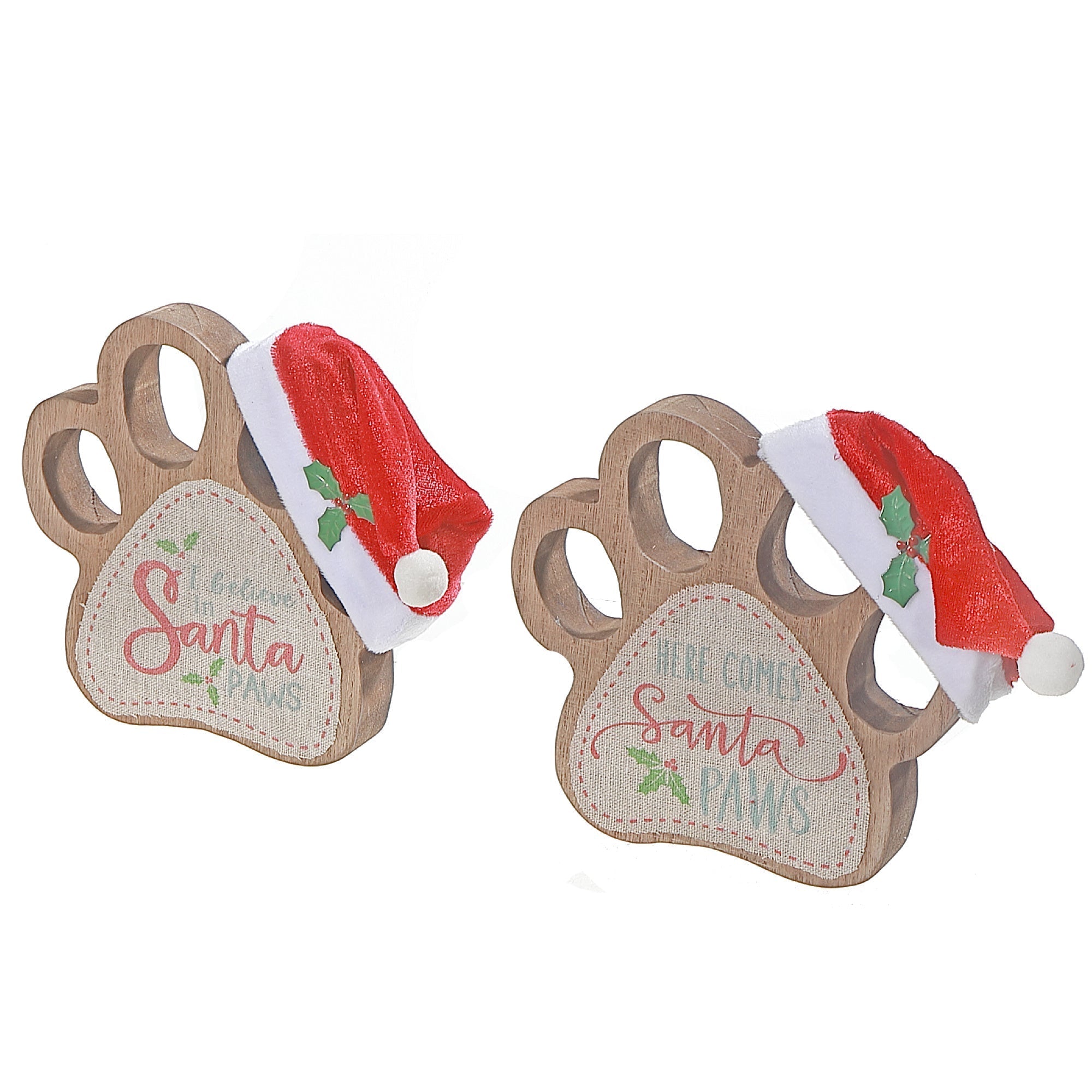 Wooden Paw With Santa Hat Sign, Christmas Pet Decor, Holiday Tabletop Sign - Set Of 2