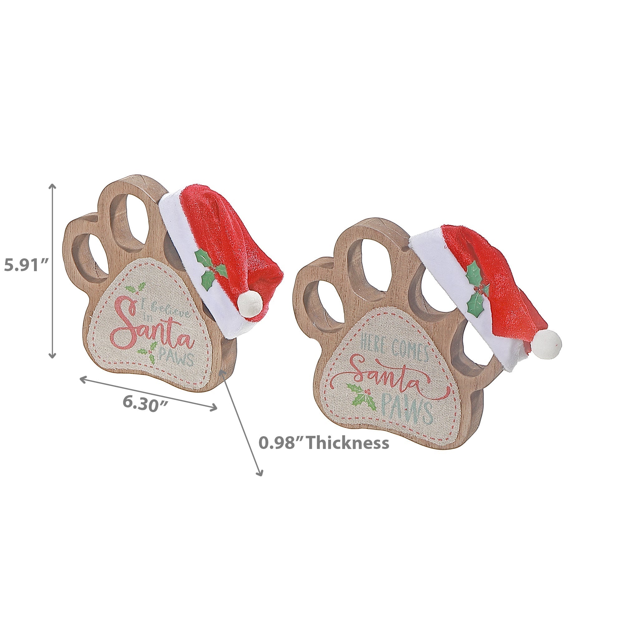 Wooden Paw With Santa Hat Sign, Christmas Pet Decor, Holiday Tabletop Sign - Set Of 2