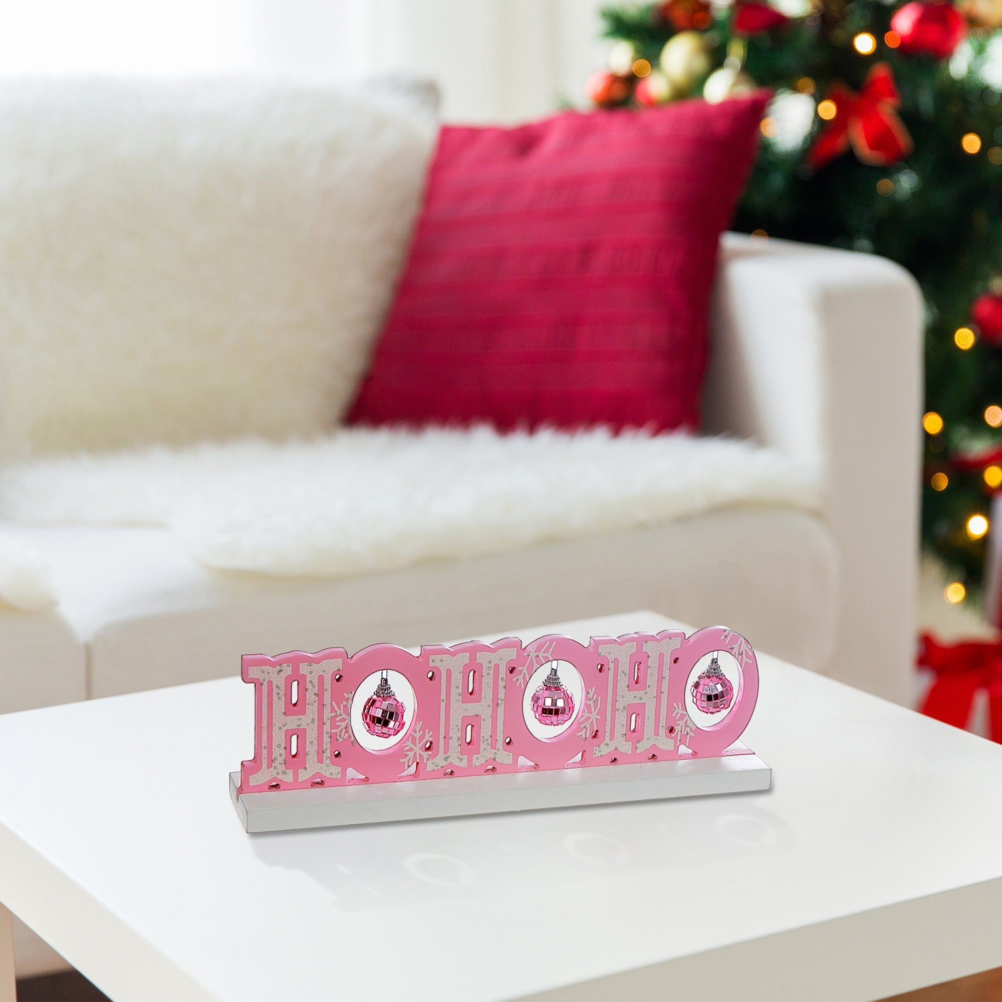 Wooden Tabletop Sign Hohoho with Disco Balls – Christmas Table Decor, Holiday Accent, Festive Winter Decoration