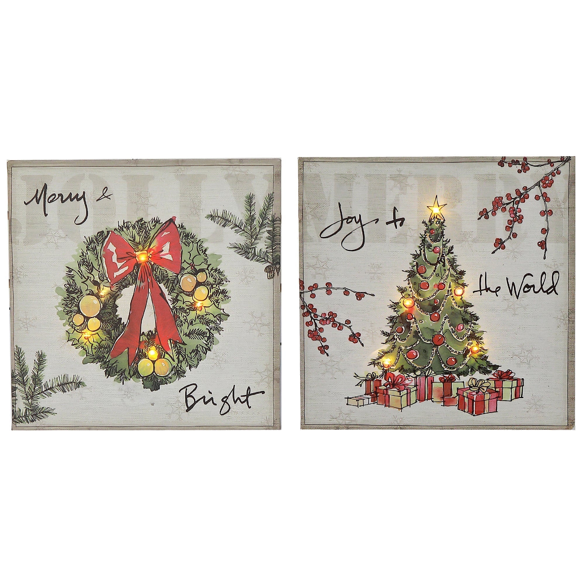 Wooden Christmas Tree and Wreath Canvas Wall Art, Assorted Holiday Home Decoration, Set of 2