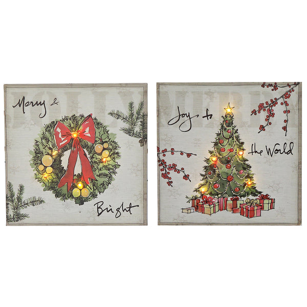 Wooden Wall Canvas Art (Christmas Tree/ Wreath) (Asstd) - Set of 2