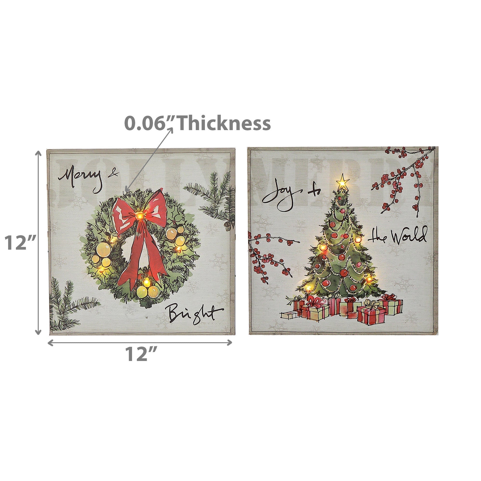 Wooden Christmas Tree and Wreath Canvas Wall Art, Assorted Holiday Home Decoration, Set of 2