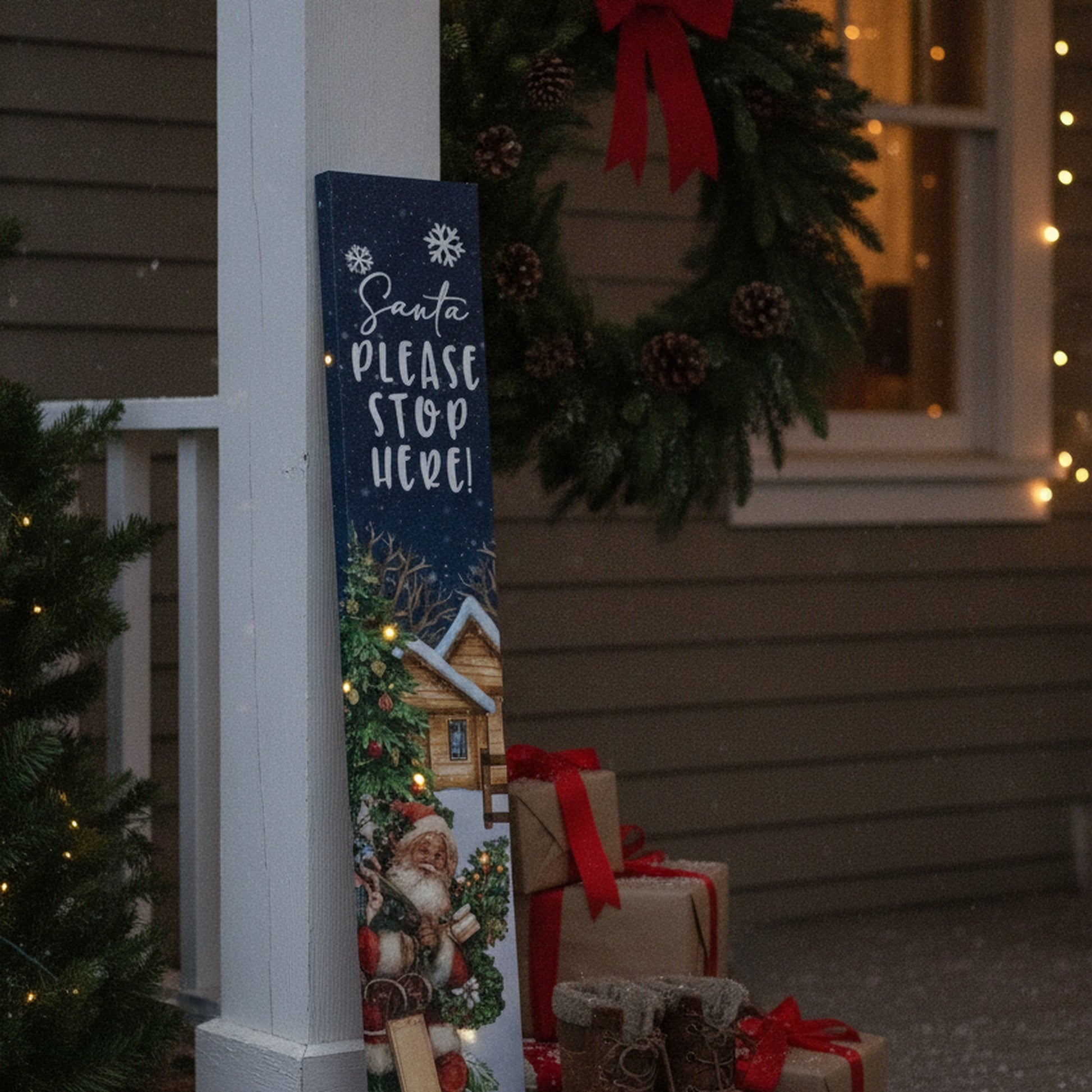 LED Canvas Porch Sign Santa Please Stop Here!, Christmas, Wall Decor, Holiday Decor
