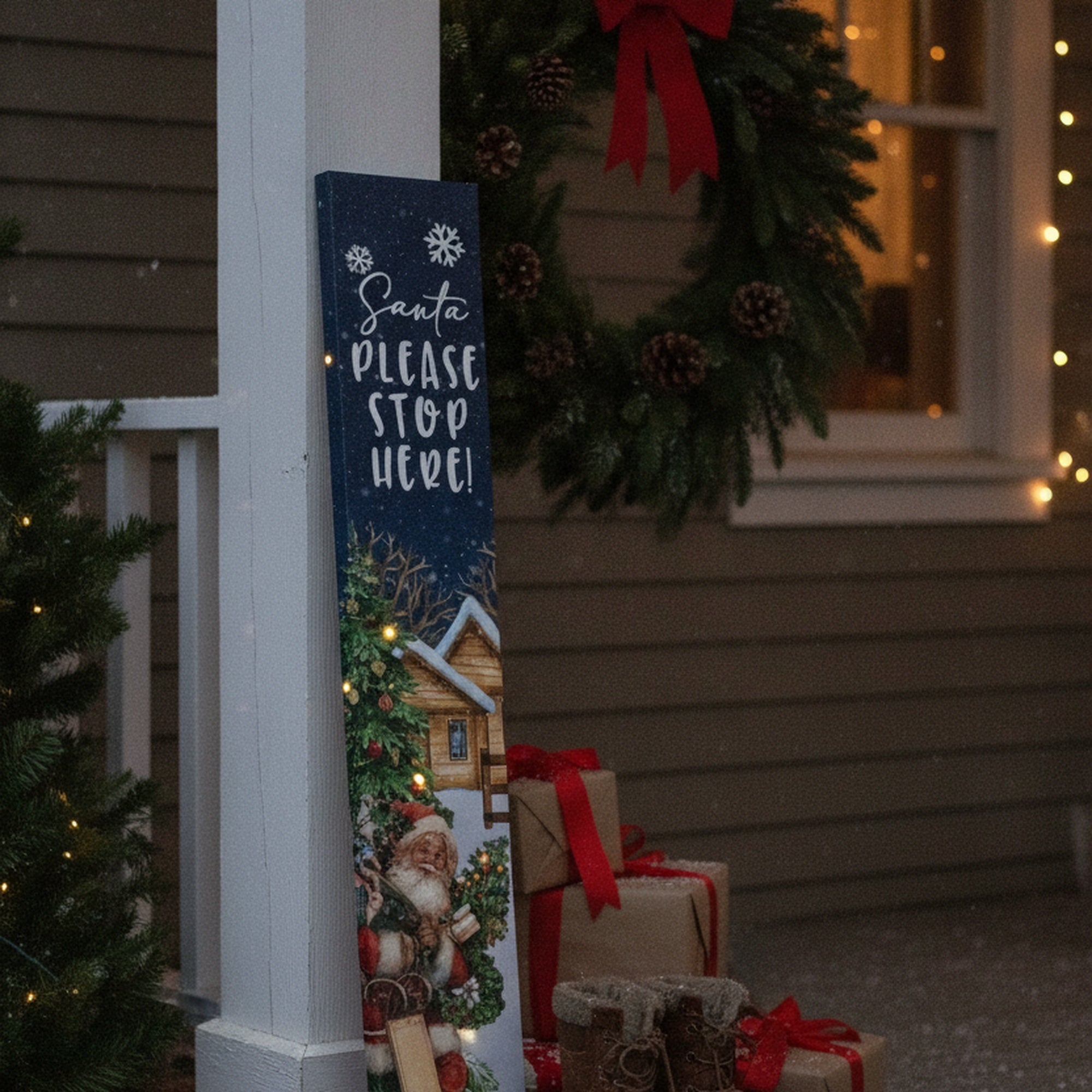 LED Canvas Porch Sign Santa Please Stop Here!, Christmas, Wall Decor, Holiday Decor