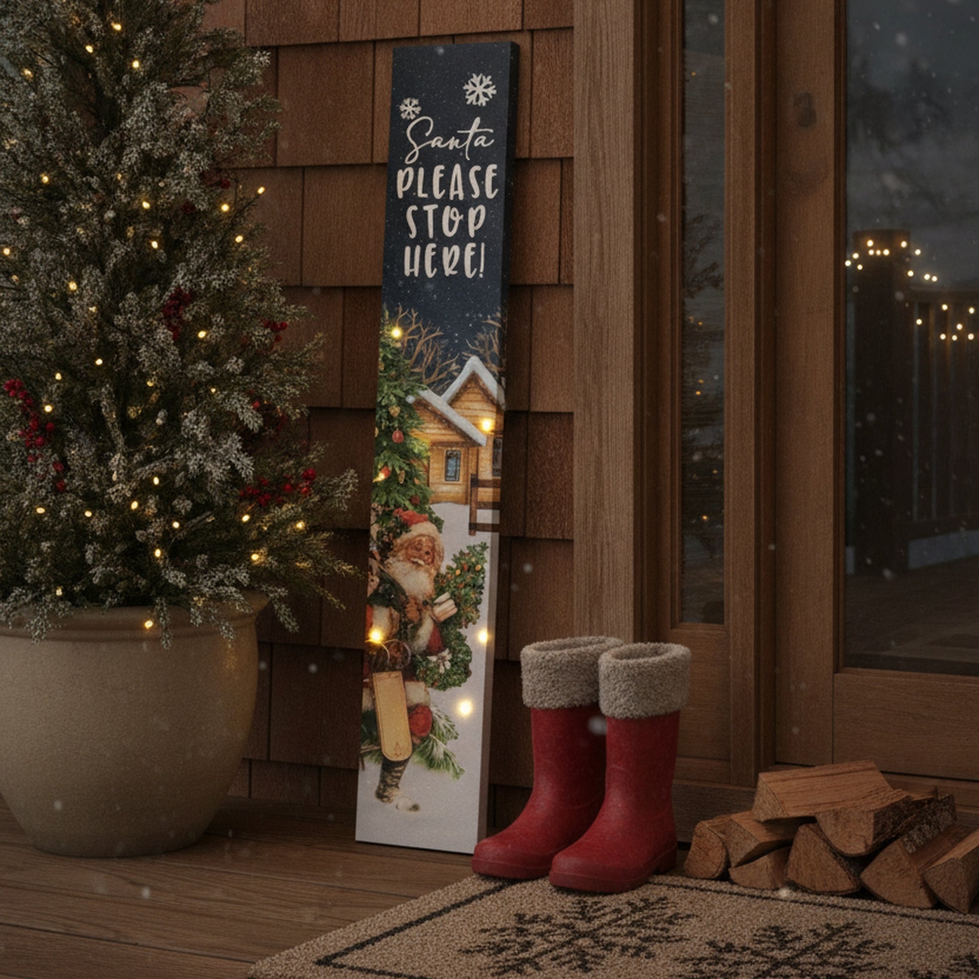 LED Canvas Porch Sign Santa Please Stop Here!, Christmas, Wall Decor, Holiday Decor