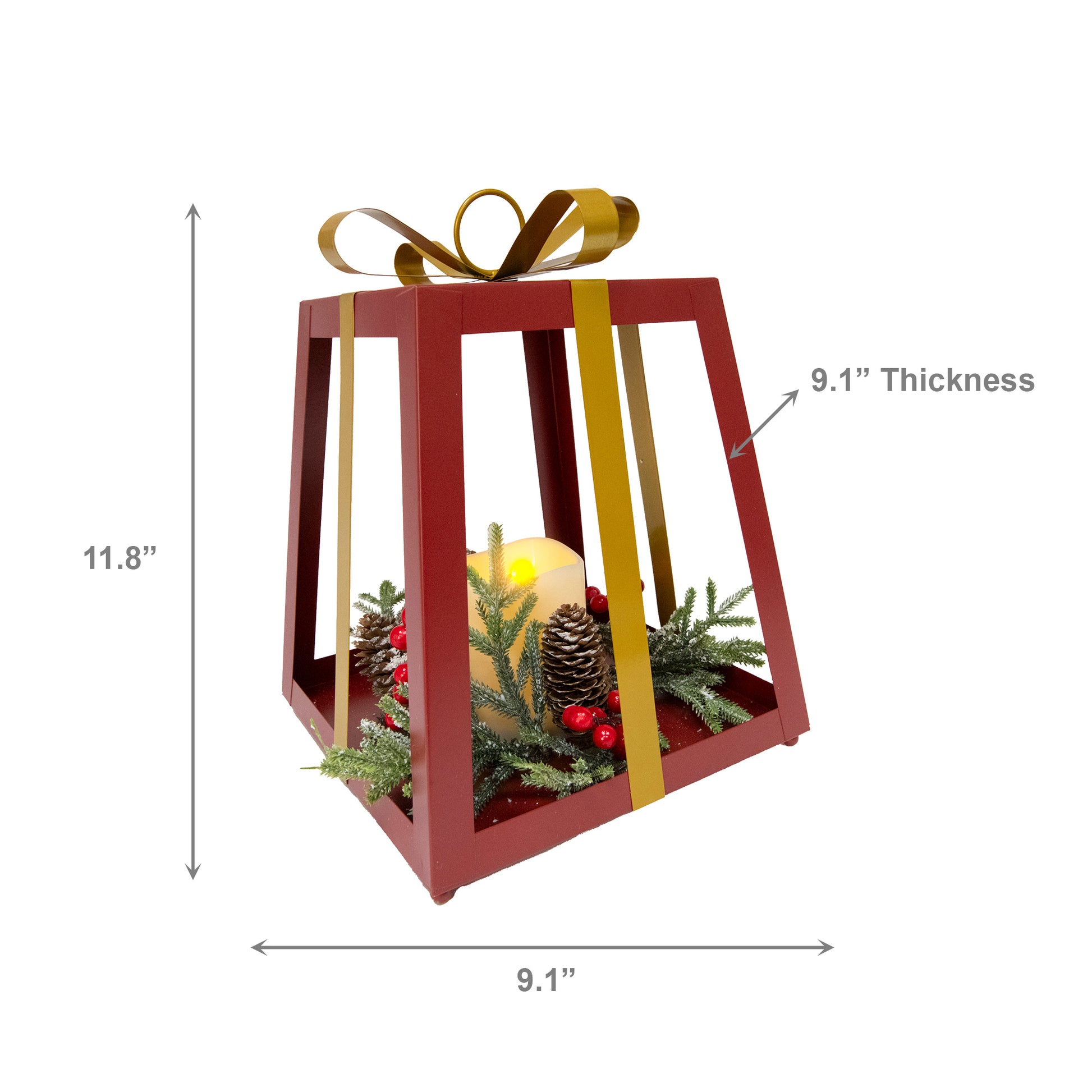 12" LED Red Metal Gift Box Lantern with Pinecones, Lantern, Holiday Decor