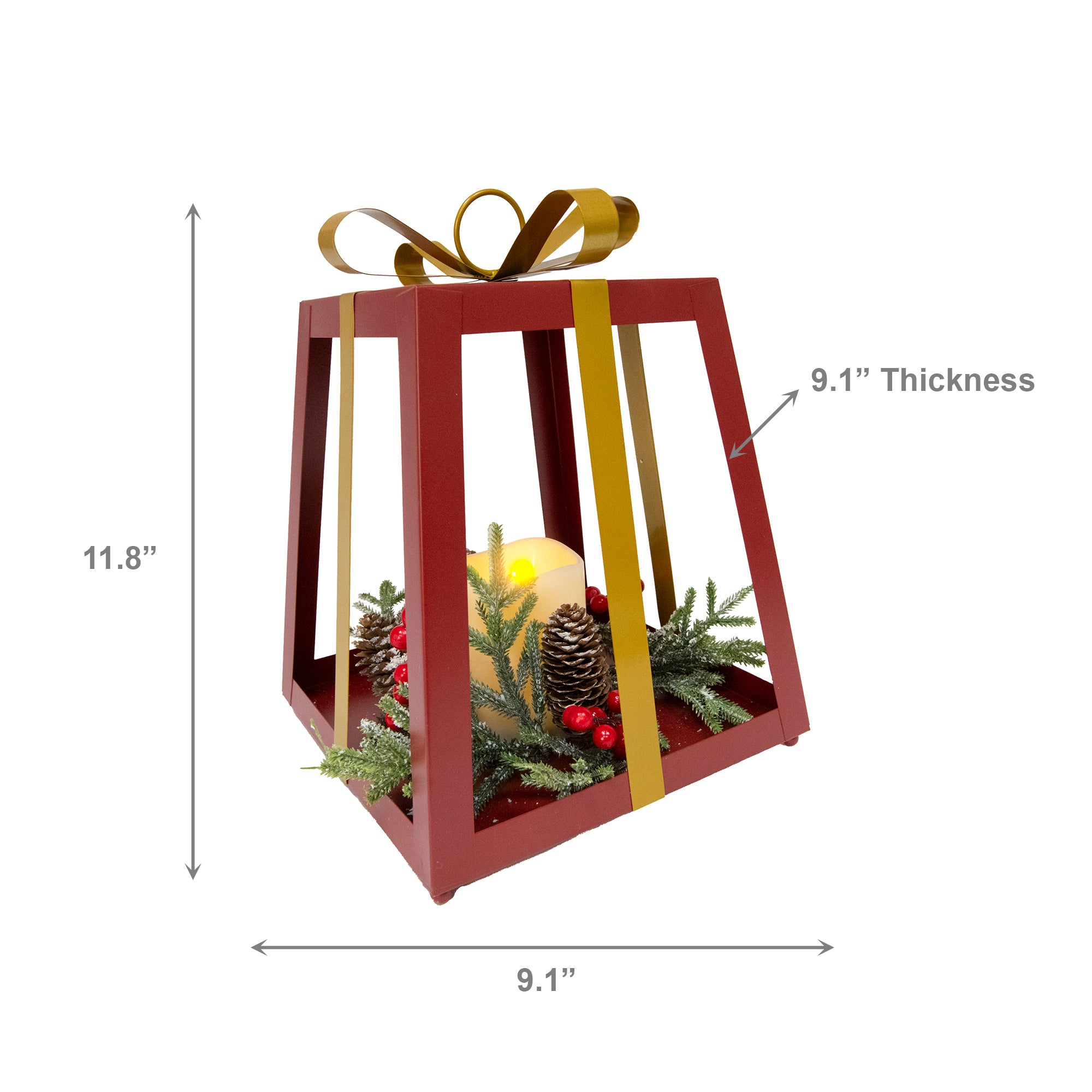 12" LED Red Metal Gift Box Lantern with Pinecones, Lantern, Holiday Decor