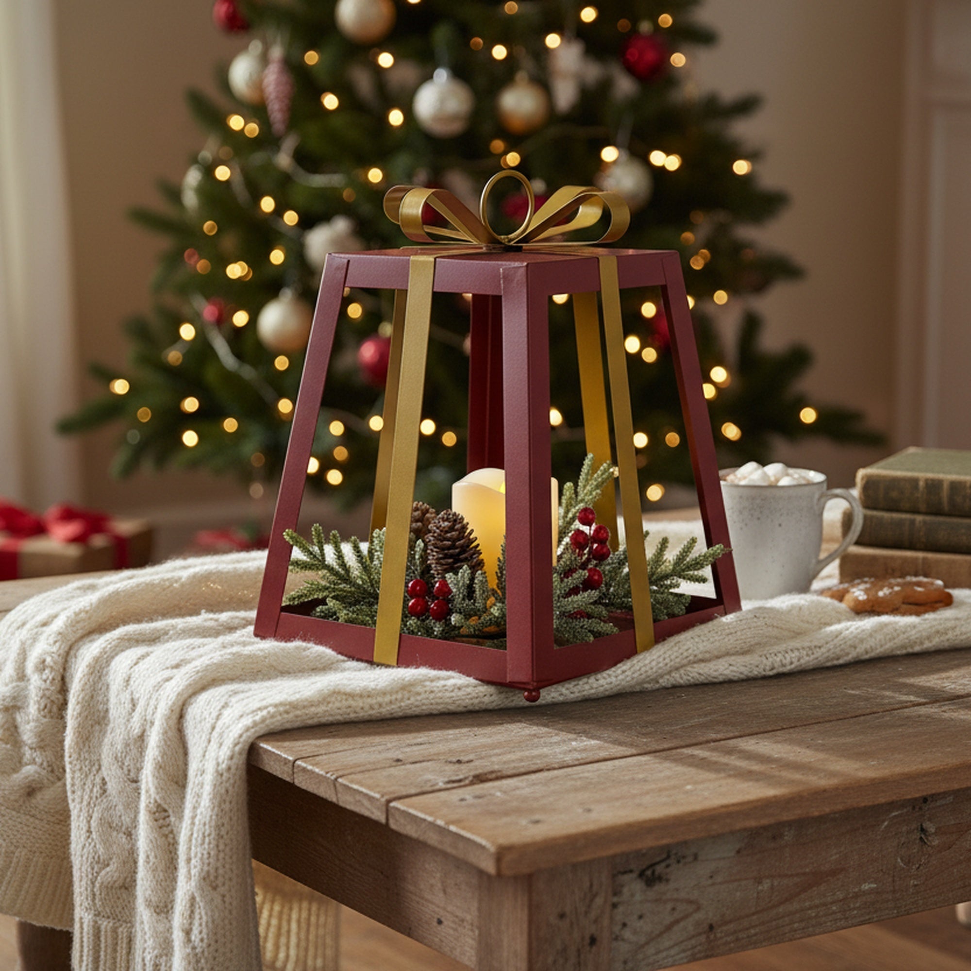 12" LED Red Metal Gift Box Lantern with Pinecones, Lantern, Holiday Decor