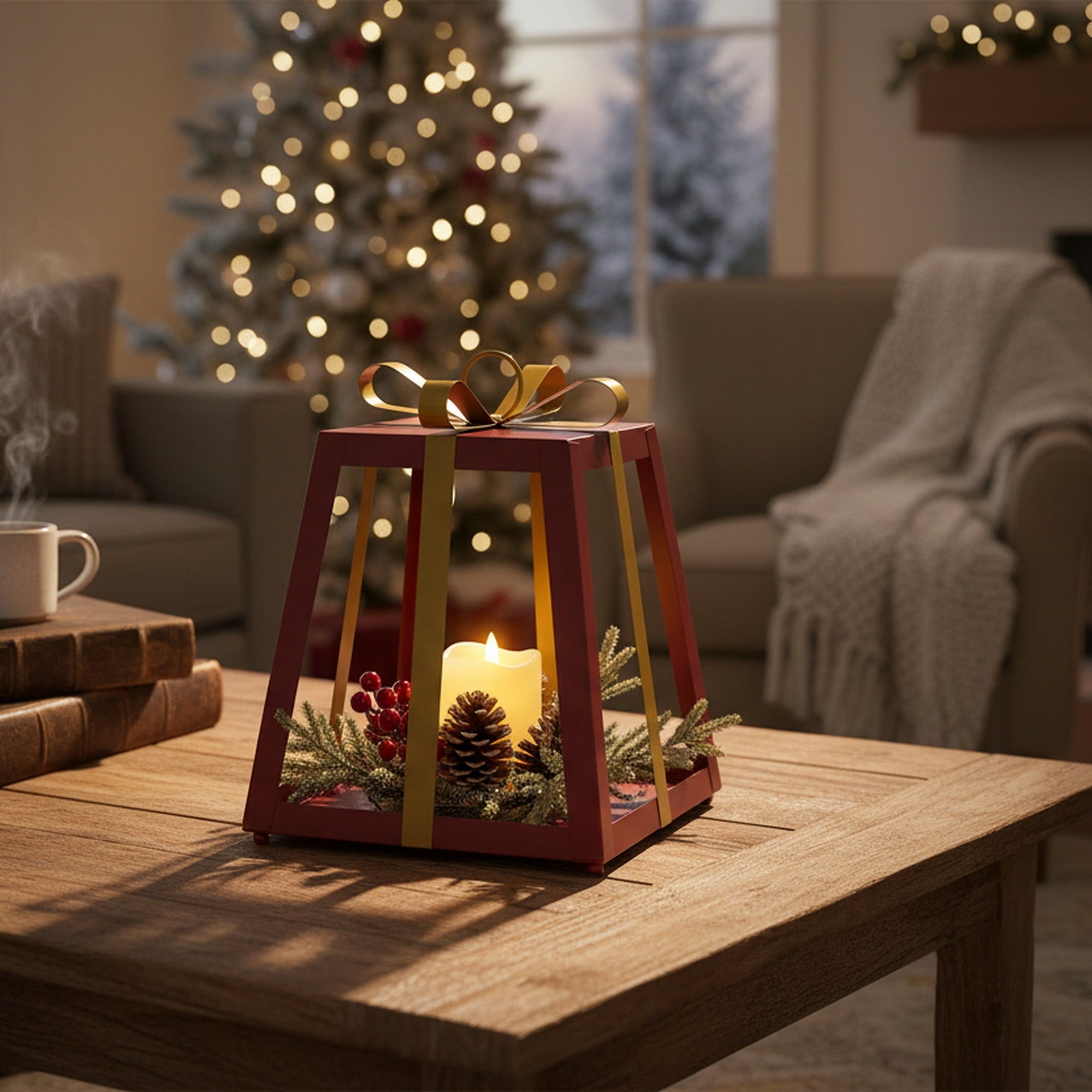 12" LED Red Metal Gift Box Lantern with Pinecones, Lantern, Holiday Decor