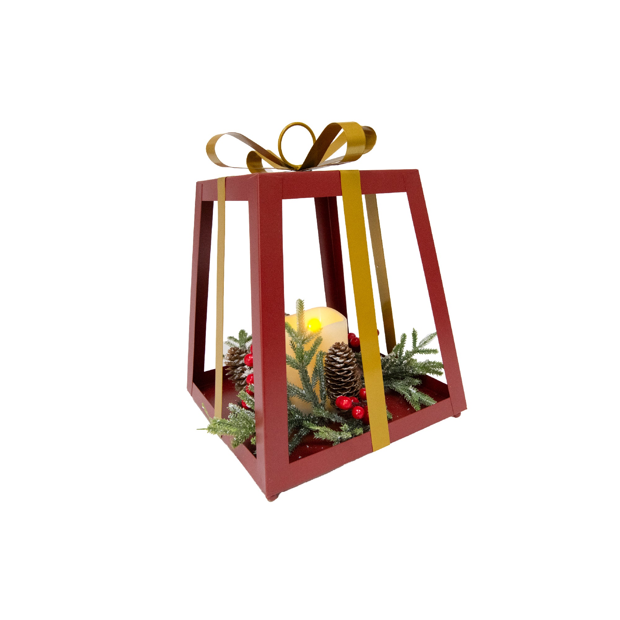 12" LED Red Metal Gift Box Lantern with Pinecones, Lantern, Holiday Decor