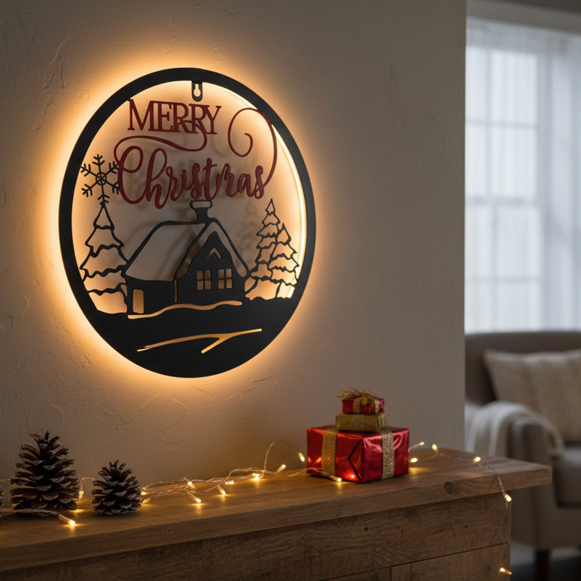 LED Metal Black Wall Decor Merry Christmas Cabin, Christmas, Wall Decor, Holiday Decor