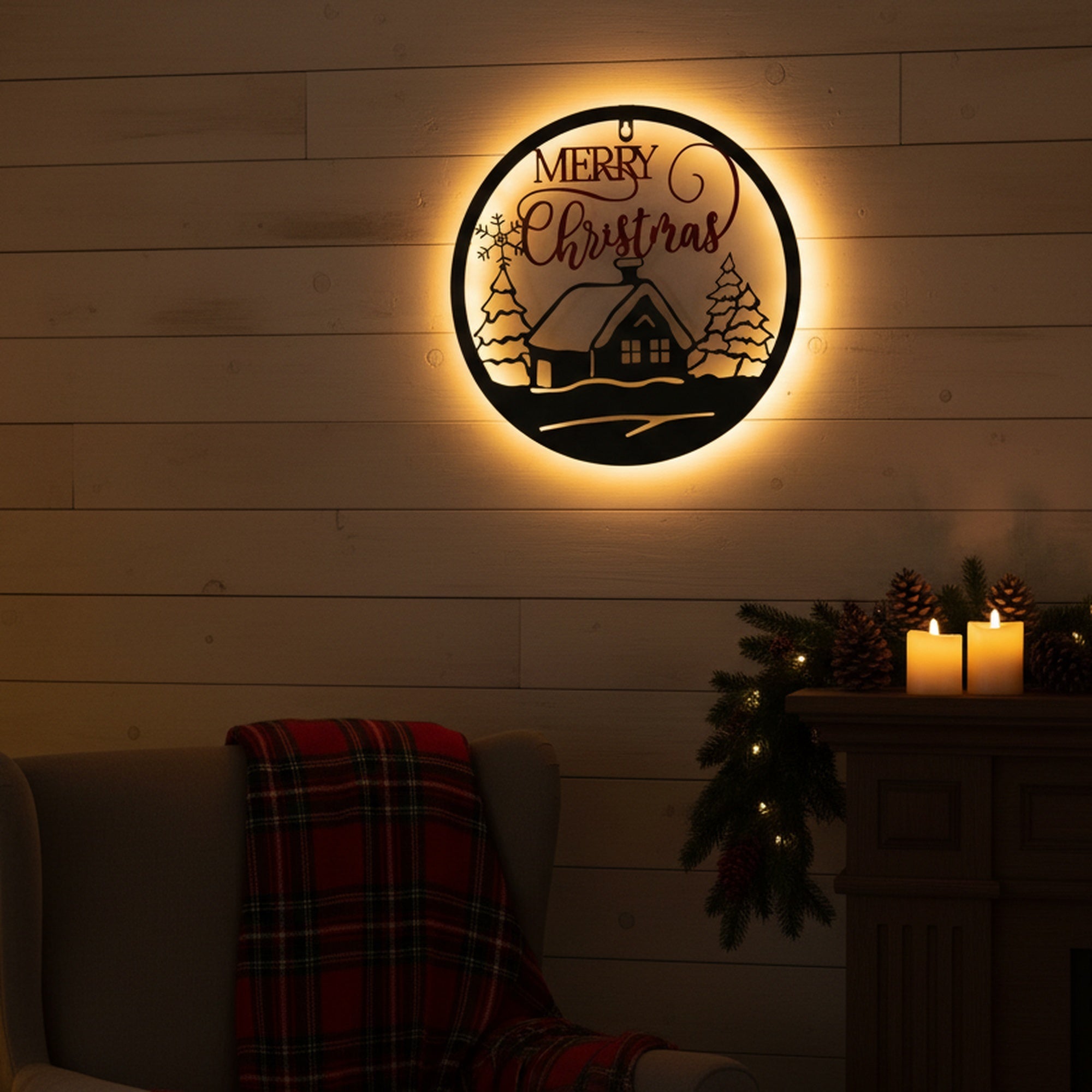 LED Metal Black Wall Decor Merry Christmas Cabin, Christmas, Wall Decor, Holiday Decor