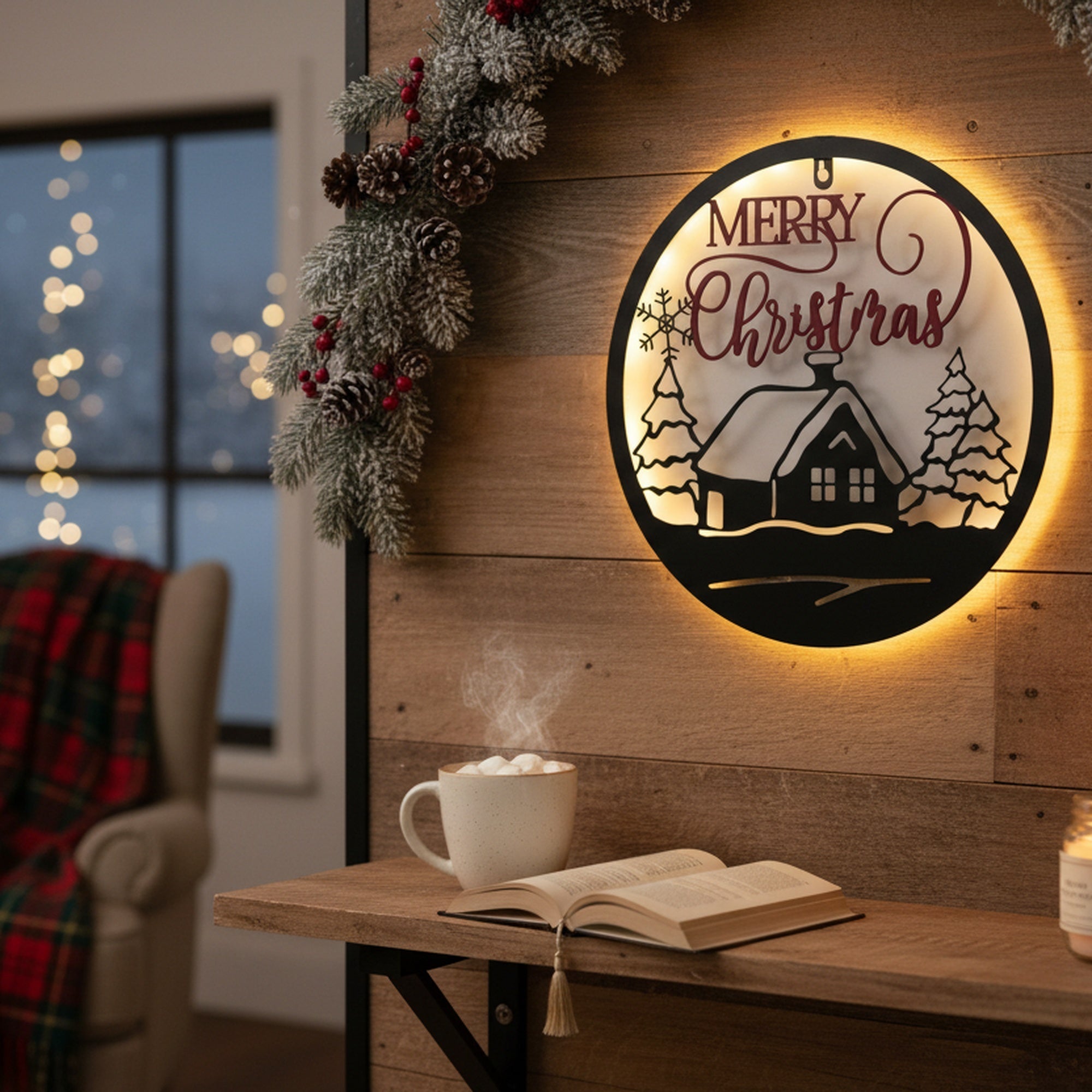 LED Metal Black Wall Decor Merry Christmas Cabin, Christmas, Wall Decor, Holiday Decor