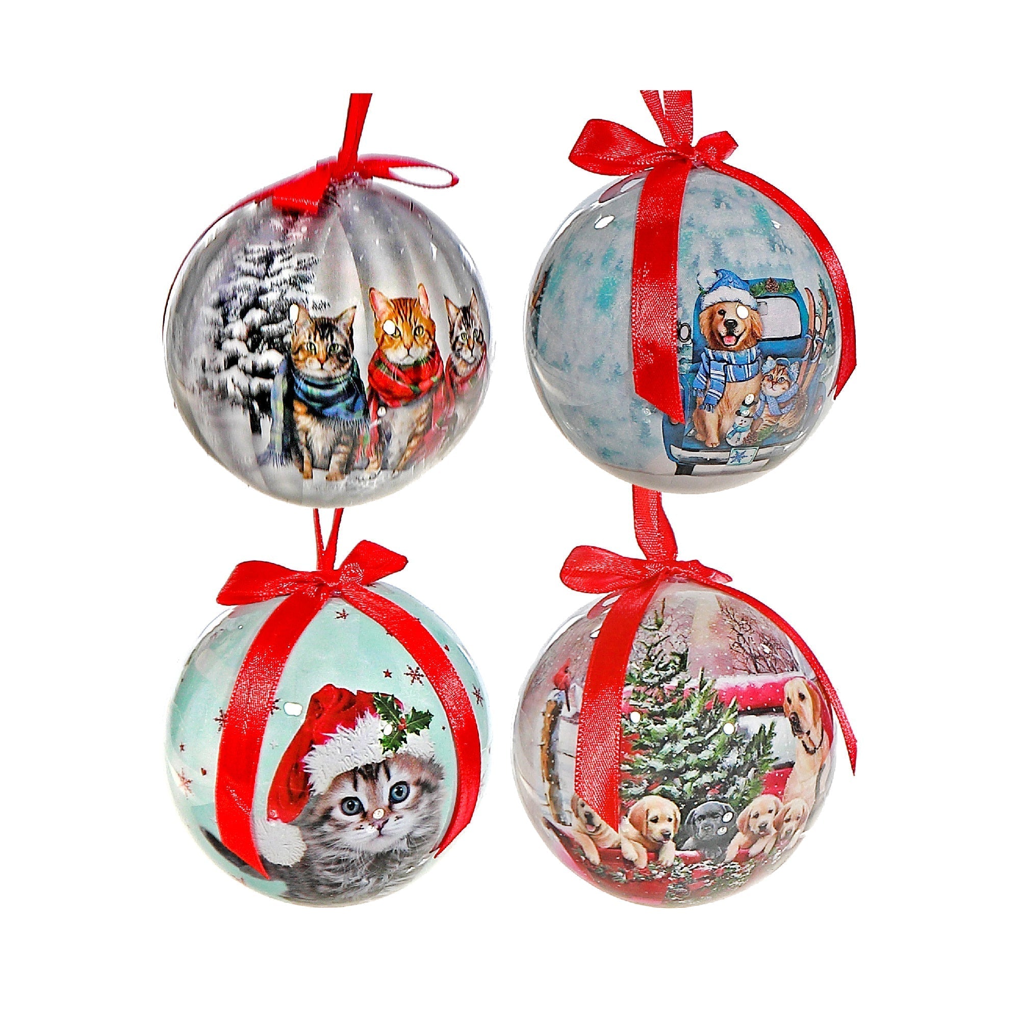 Cats and Dogs Ribbon Christmas Ornaments, Assorted Holiday Tree Decorations, Pet Lover Hanging Ornaments, Set of 12
