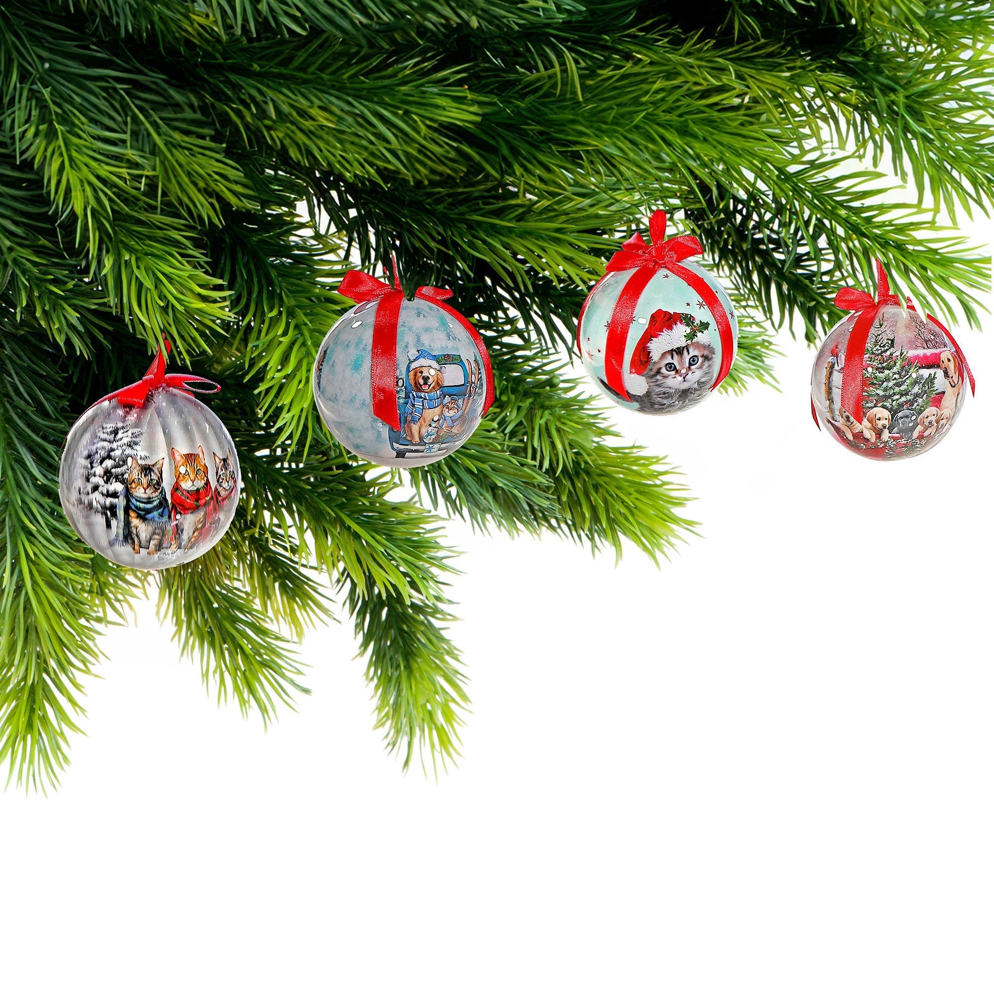 Cats and Dogs Ribbon Christmas Ornaments, Assorted Holiday Tree Decorations, Pet Lover Hanging Ornaments, Set of 12