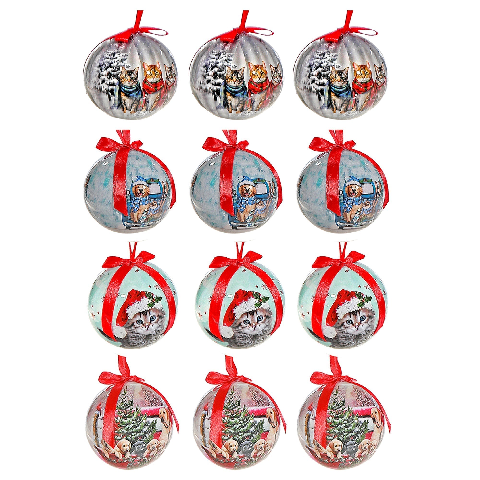 Cats and Dogs Ribbon Christmas Ornaments, Assorted Holiday Tree Decorations, Pet Lover Hanging Ornaments, Set of 12