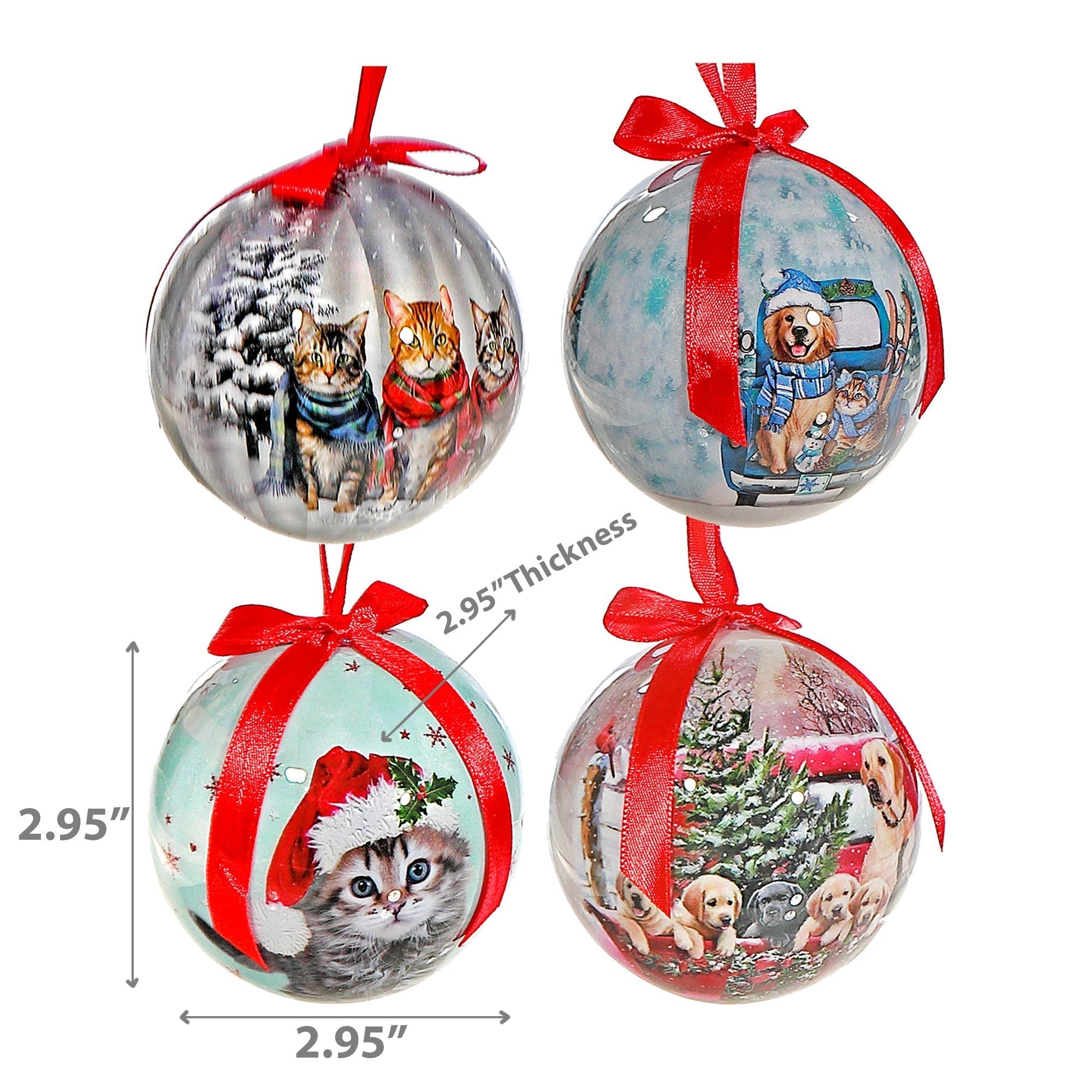 Cats and Dogs Ribbon Christmas Ornaments, Assorted Holiday Tree Decorations, Pet Lover Hanging Ornaments, Set of 12