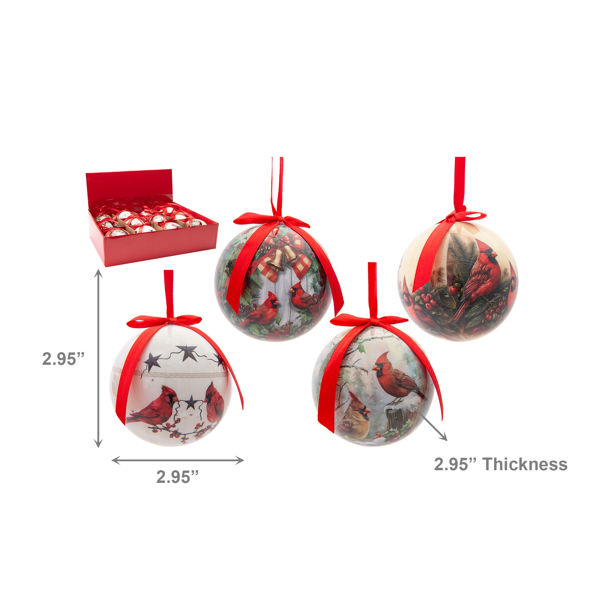 Ribbon Ornament Cardinal Assorted, Christmas, Ornament, Holiday Decor- Set of 12