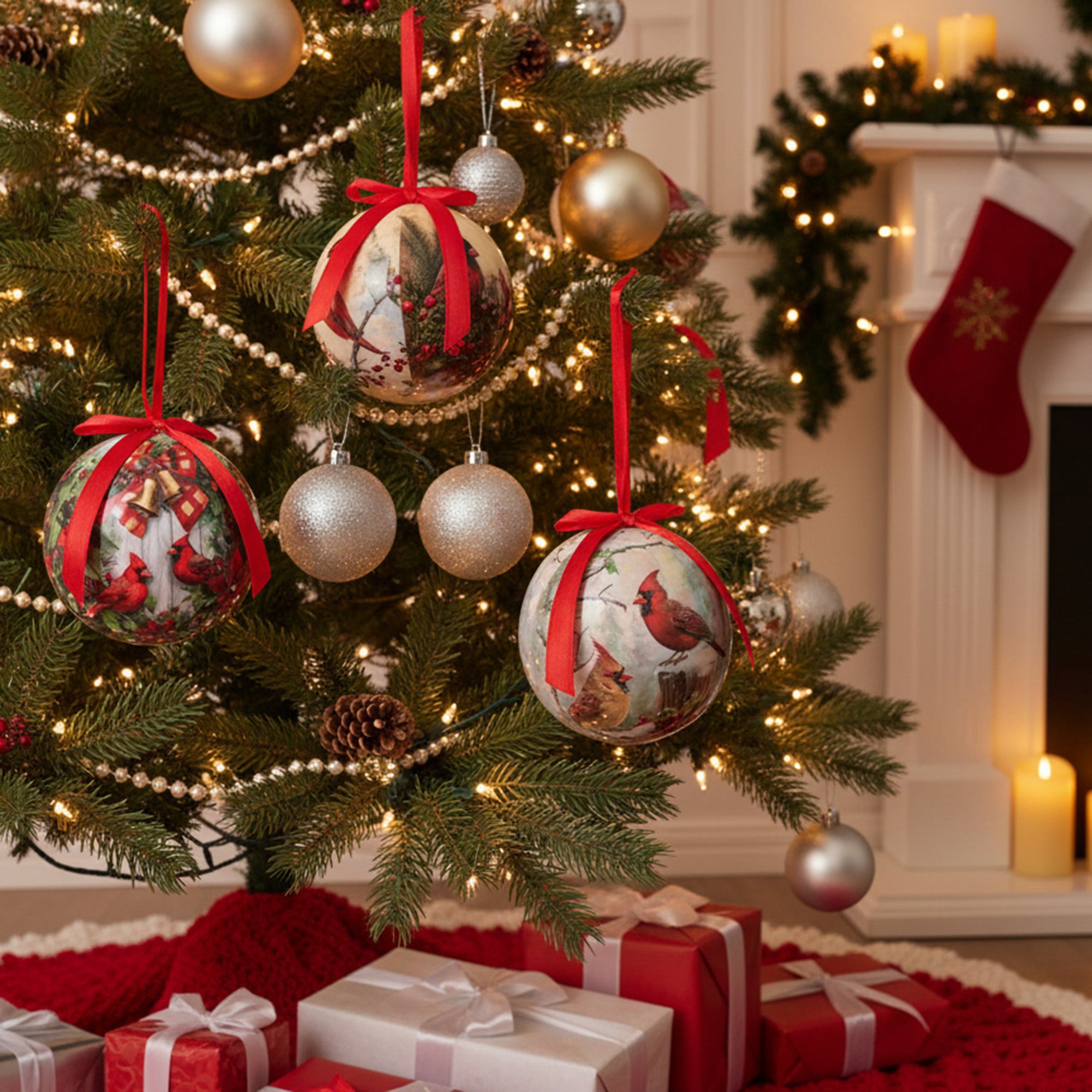 Ribbon Ornament Cardinal Assorted, Christmas, Ornament, Holiday Decor- Set of 12
