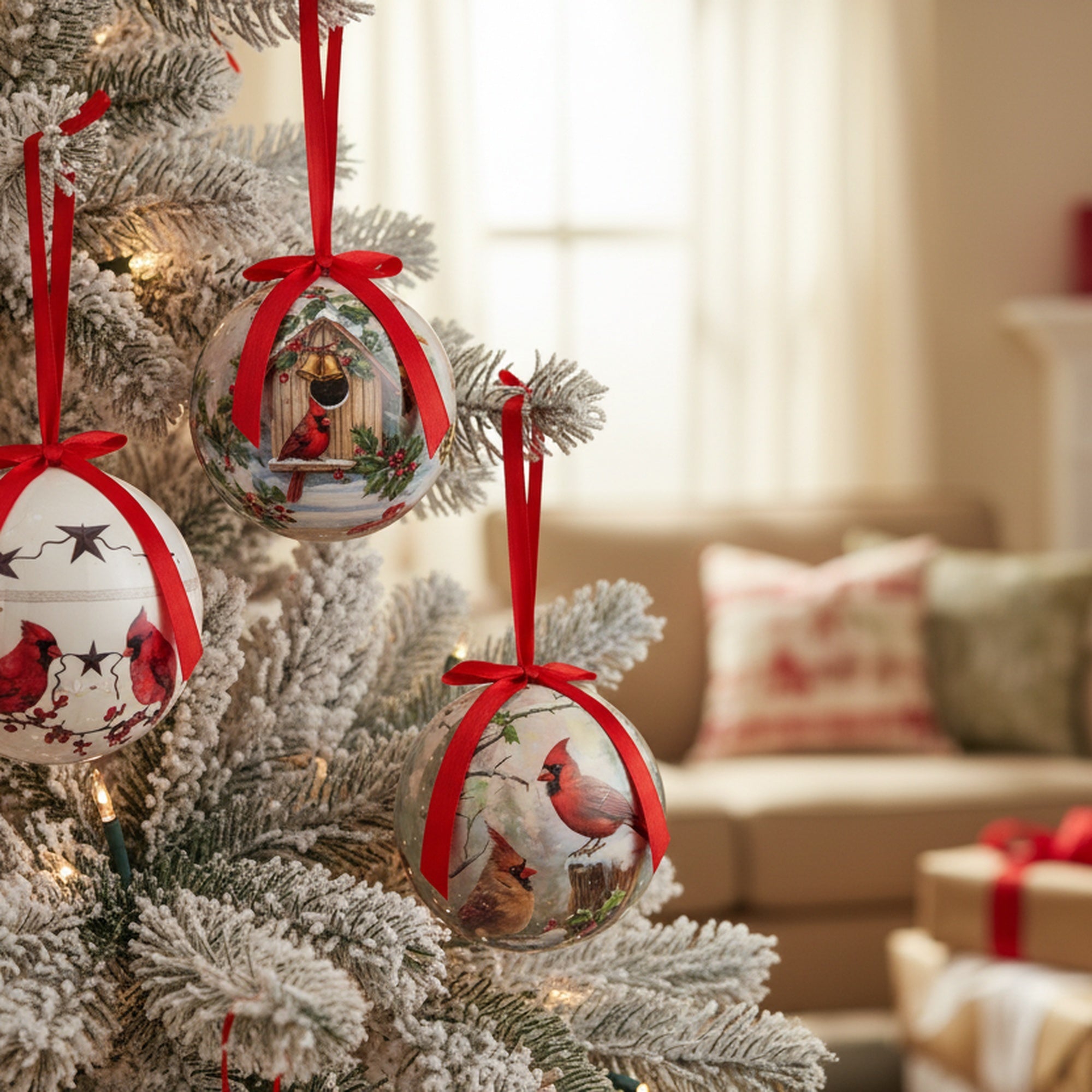 Ribbon Ornament Cardinal Assorted, Christmas, Ornament, Holiday Decor- Set of 12