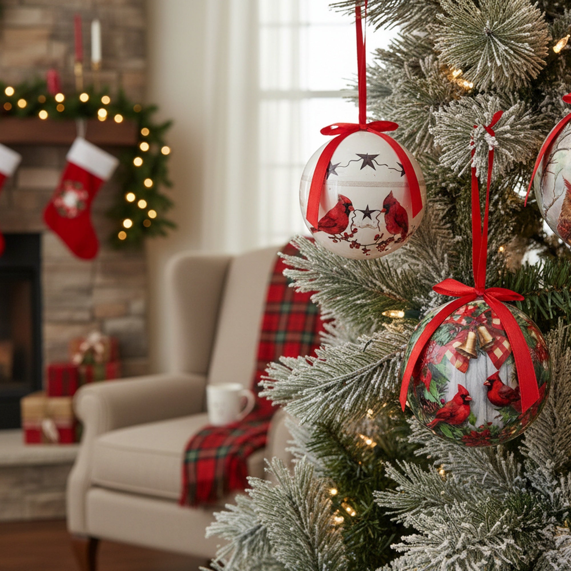 Ribbon Ornament Cardinal Assorted, Christmas, Ornament, Holiday Decor- Set of 12