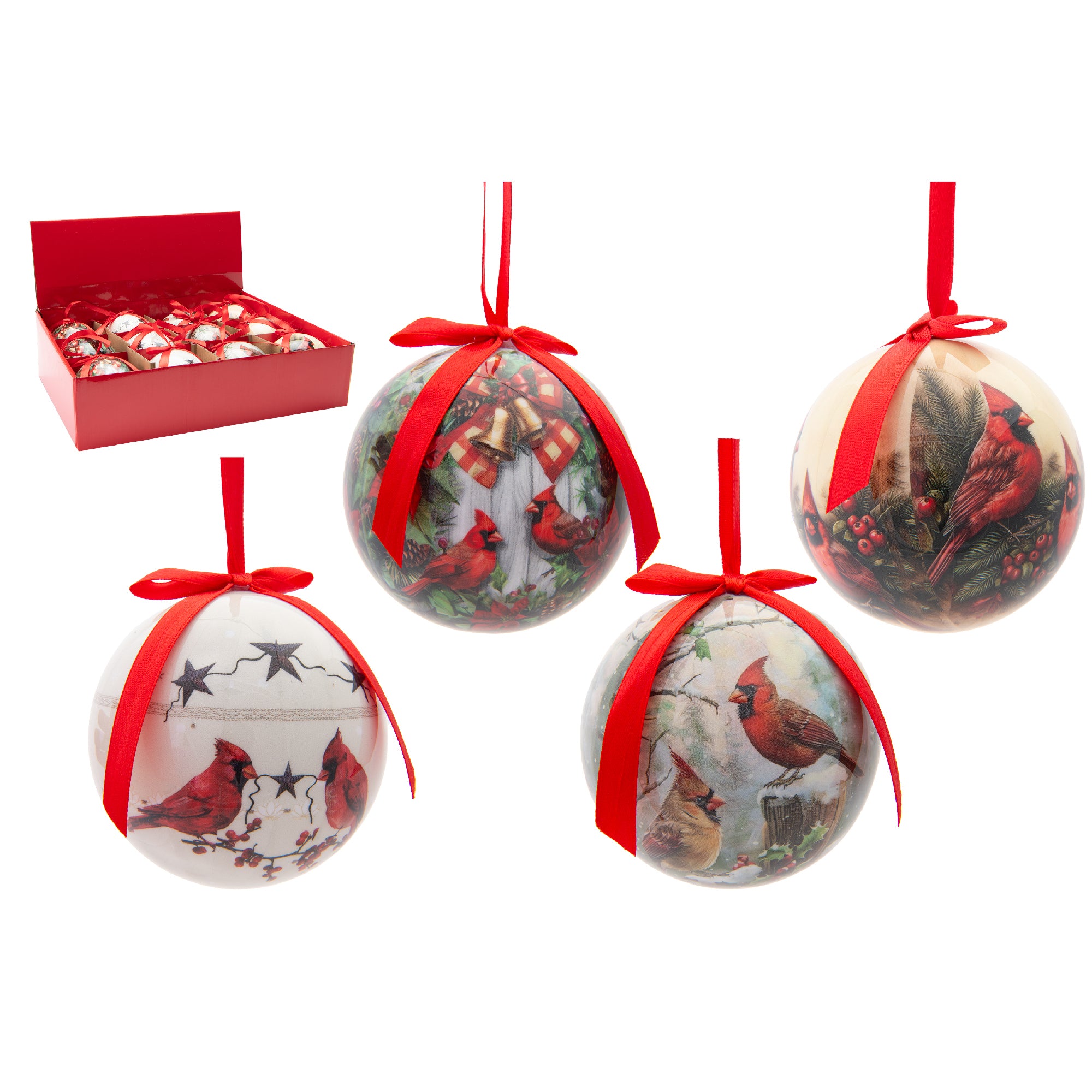 Ribbon Ornament Cardinal Assorted, Christmas, Ornament, Holiday Decor- Set of 12