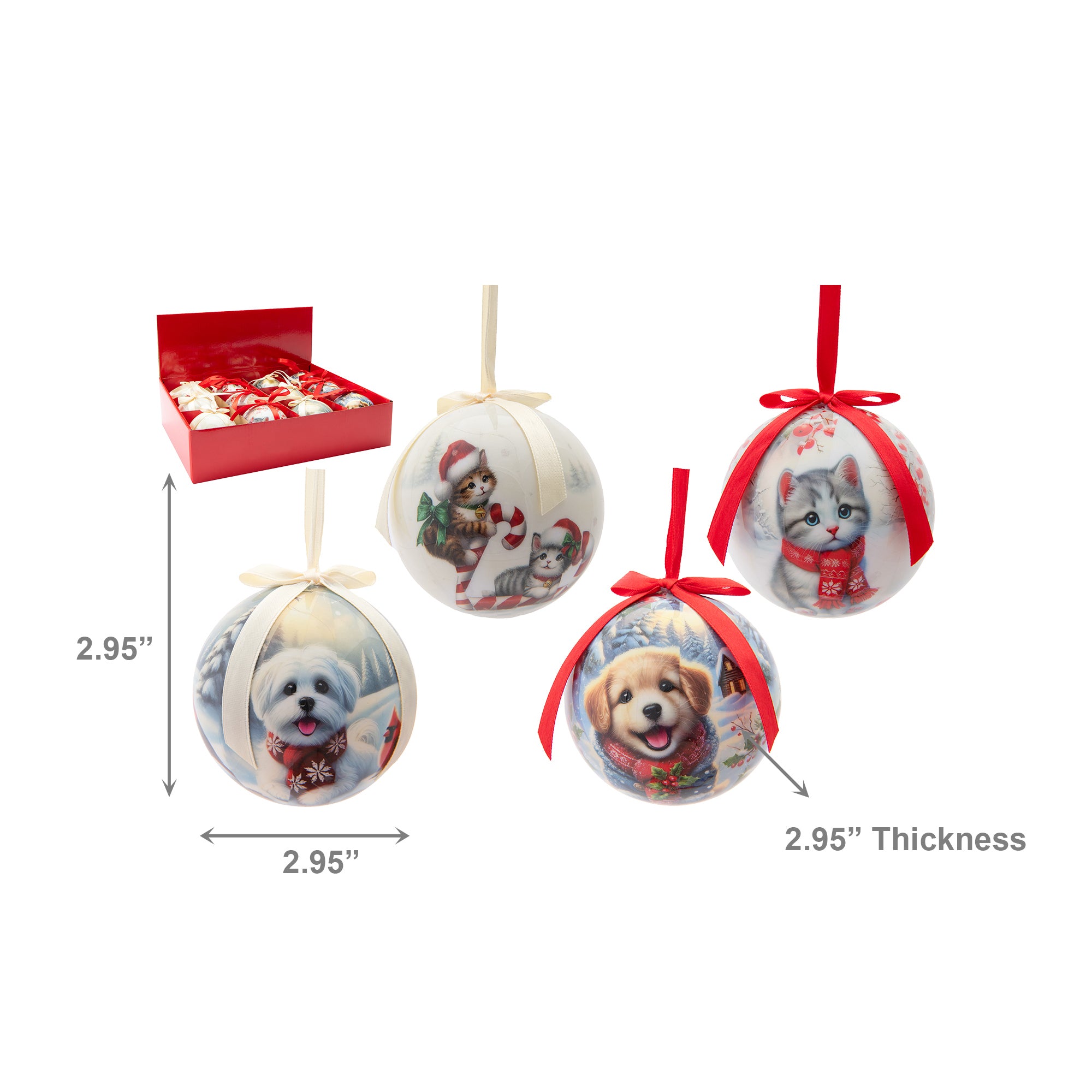 Ribbon Ornament Cat & Dog Assorted, Ornament, Holiday Decor- Set of 12